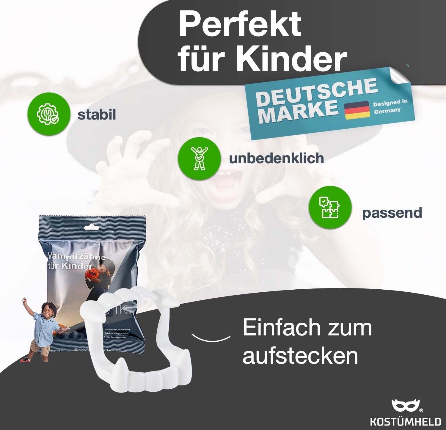 Kostümheld® Vampir-Kostüm Vampirgebiss zum Aufstecken - kinderfreundlich Vampirzähne Dracula