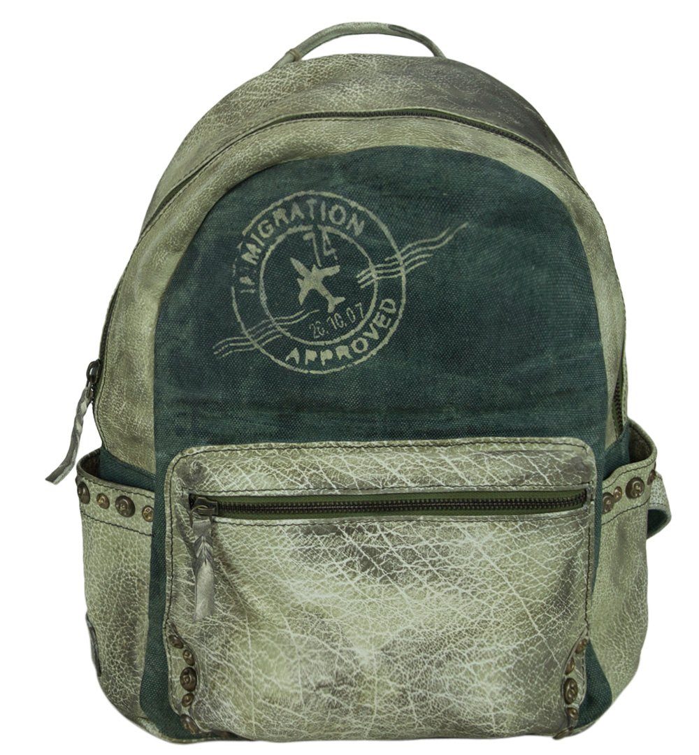 Sunsa Cityrucksack Rucksack, Backpack aus Stone wash Leder und Canvas in Retro Still. Schöne Daypack Tasche für Sie/ Ihn, Echte Leder mit Stone wash Canvas, Vintage Aufdruck