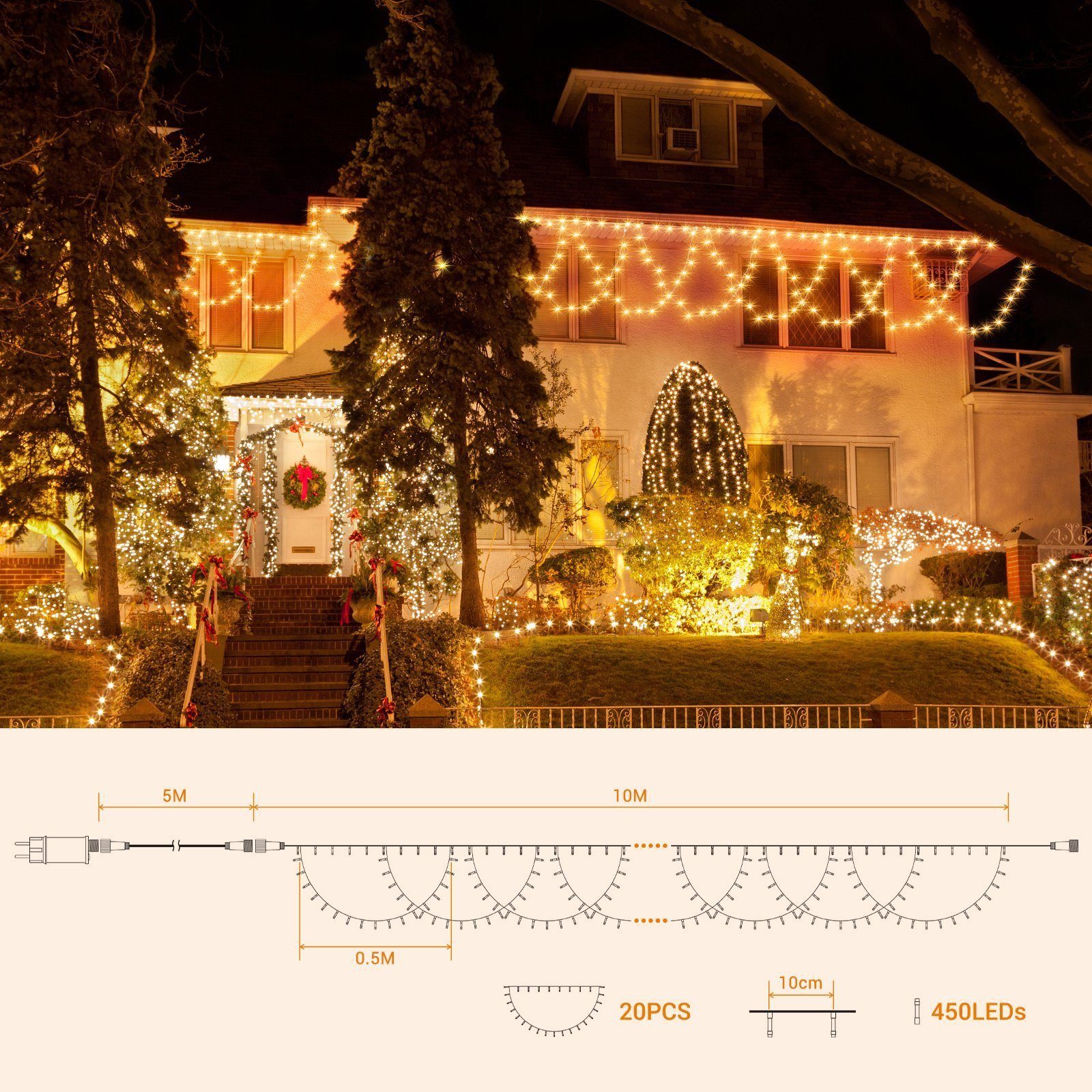 Quntis LED-Lichtervorhang 10M(Erweiterbar 450-flammig, hemizyklisch Lichternetz 40M), Timer/Memory-Funktion Lichterkette Max. mit 2300K Weihnachtsdeko, LED
