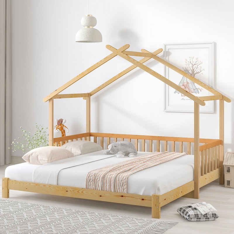 Merax Hausbett Ausziehbett,Einzelbett/Doppelbett, 90x200cm/180x200cm mit Rausfallschutz, Kinderbett aus Massivholz