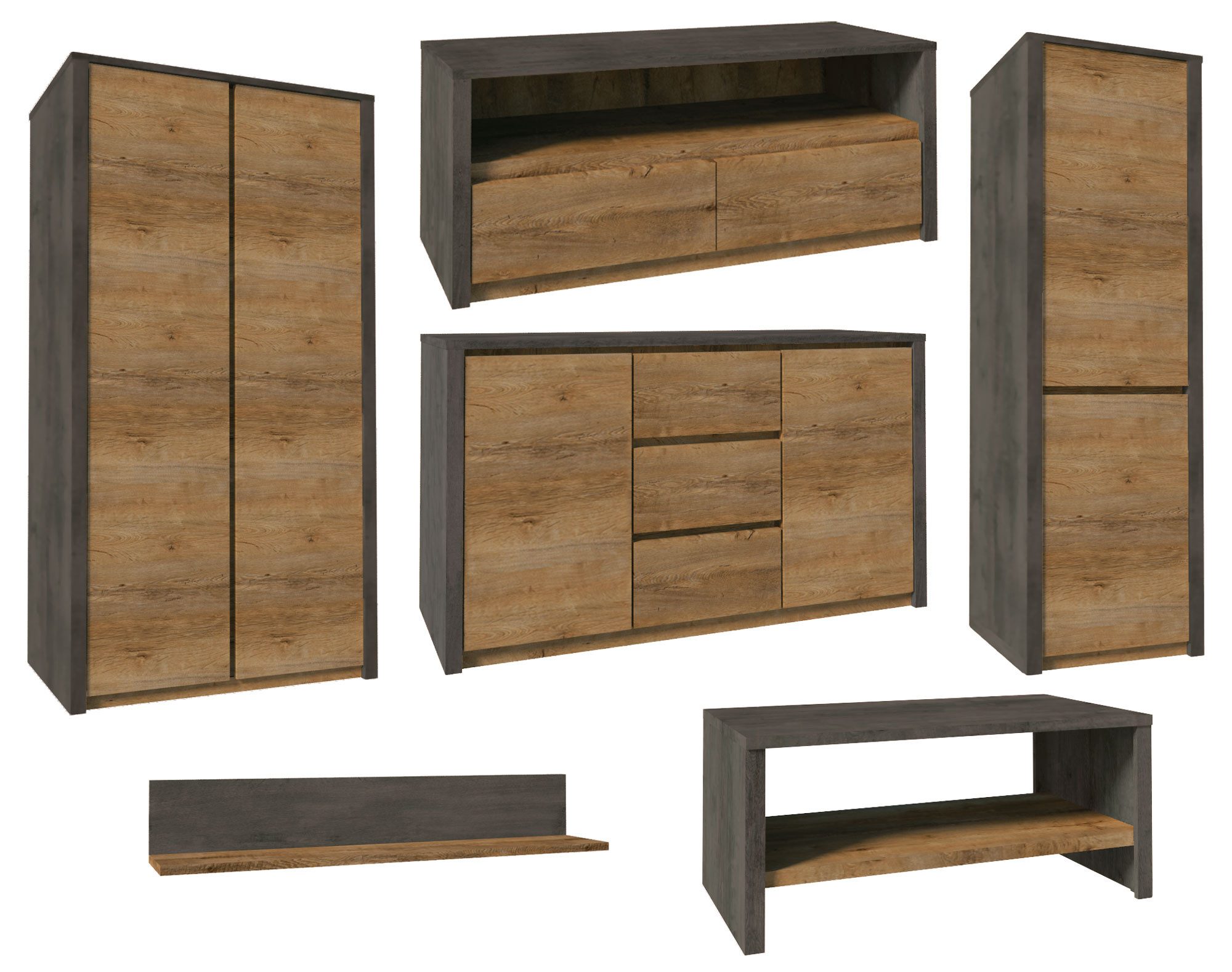 Feldmann-Wohnen Wohnwand Montana, (6-teiliges Wohnzimmer-Set, 6-St., moderne Holzoptik, Griffmulden), Eiche Lefkas grau