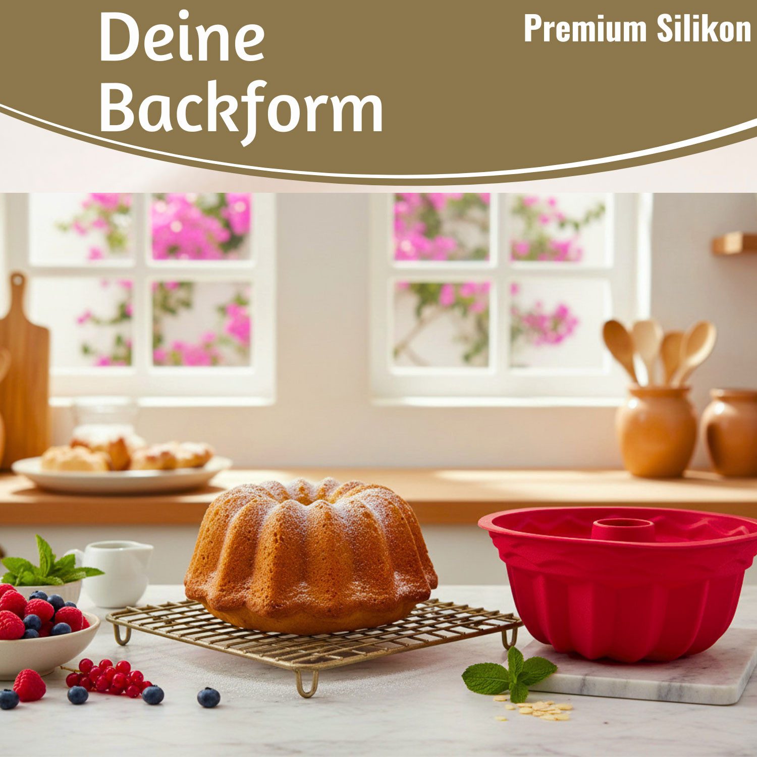 LS-LebenStil Gugelhupfform Silikon Gugelhupf Backform 24cm Rund Napfkuchenform Kuchenform, (Premium Silikon, Bundform Form für Napfkuchen Gugelhupf 1-tlg), Kuchenform für Marmor- & Rührkuchen Silikonformen Antihaft Eigenschaft