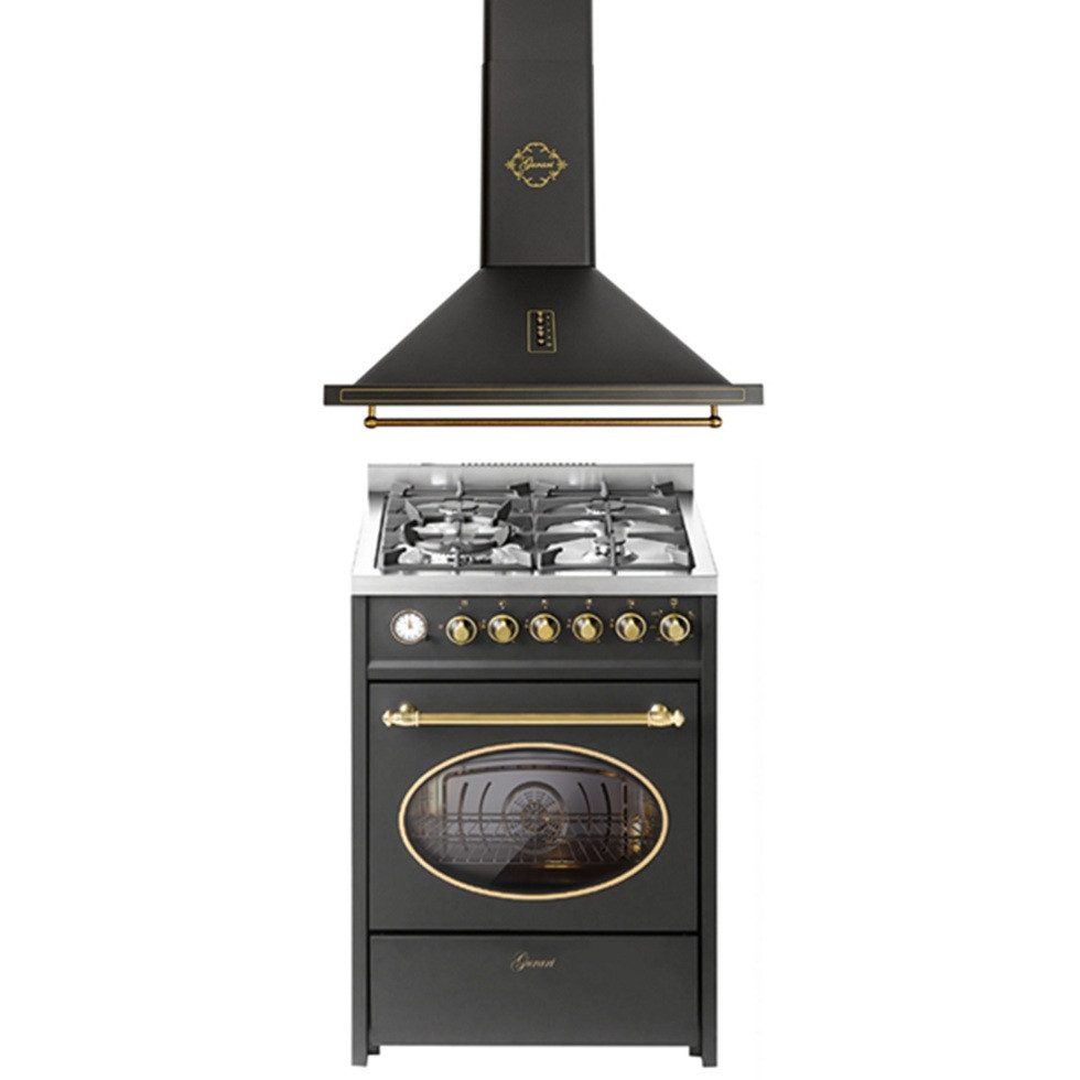 GURARI Gas-Standherd Retro Gas Elektro Standherd 60 cm Erdgas Fl.Gas 4 Kw WOK, 8 Funktionen+Dunstabzugshaube 60 cm in Schwarz GCH E 614 BL r+GCH 975 Bl 6 Retro, mit 1-fach-Teleskopauszug