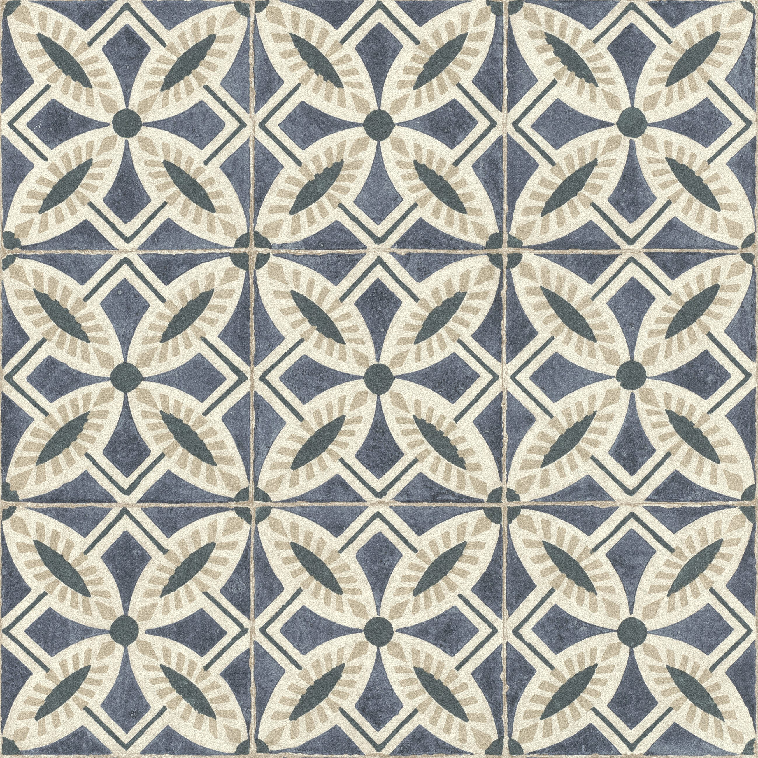 Rasch Vliestapete Mediterrane Fliesen - Vinyltapete Beige Braun Blau, grafisch, (1 Rolle, 1 St., Kollektion 'Beachhouse' - 10,05 m x 0,53 m), Lichtbeständige Farben - Feucht abwischbar - Restlost abziehbar