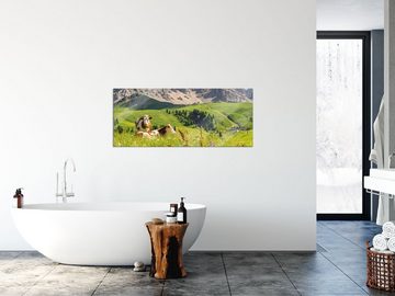 Pixxprint Glasbild Alpenszene mit Kühen auf grüner Wiese, Alpenszene mit Kühen auf grüner Wiese (1 St), Glasbild aus Echtglas, inkl. Aufhängungen und Abstandshalter