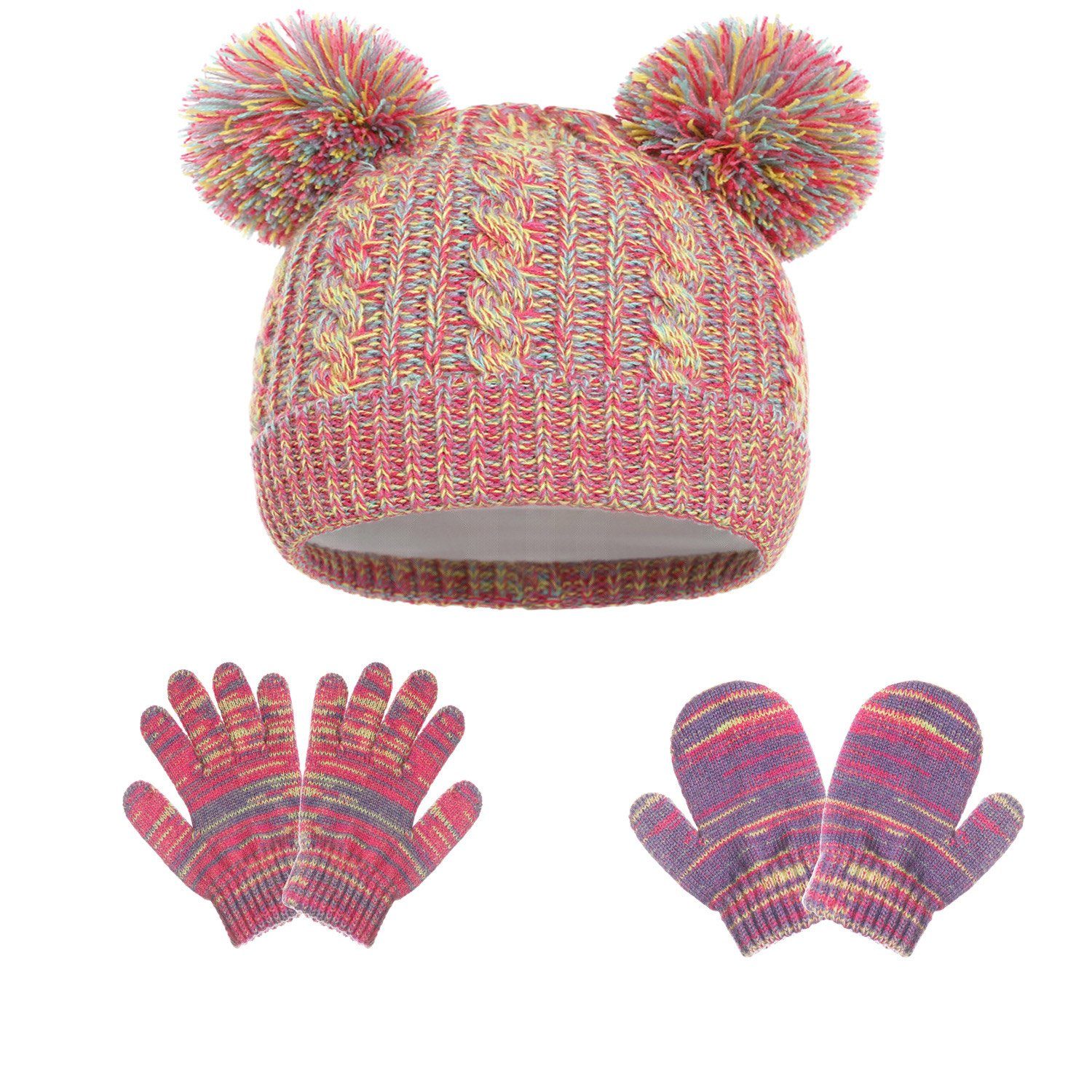 MAGICSHE Bommelmütze Mütze & Handschuhe Wintermütze Mit Wollfutter für Kinder im Alter von 1-5 Regenbogenfarbe