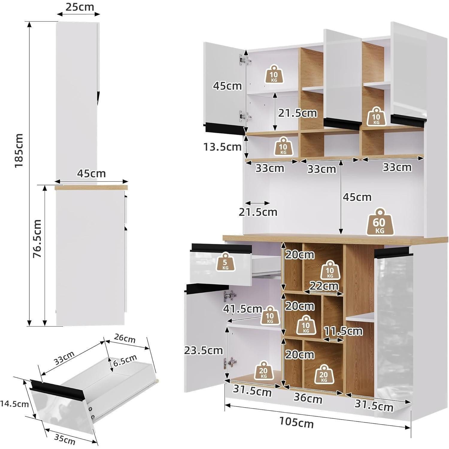 LuxusKollektion Küchenbuffet Küchenschrank 105x45x185cm Hochglanztüren Schubladen Regale Weiß
