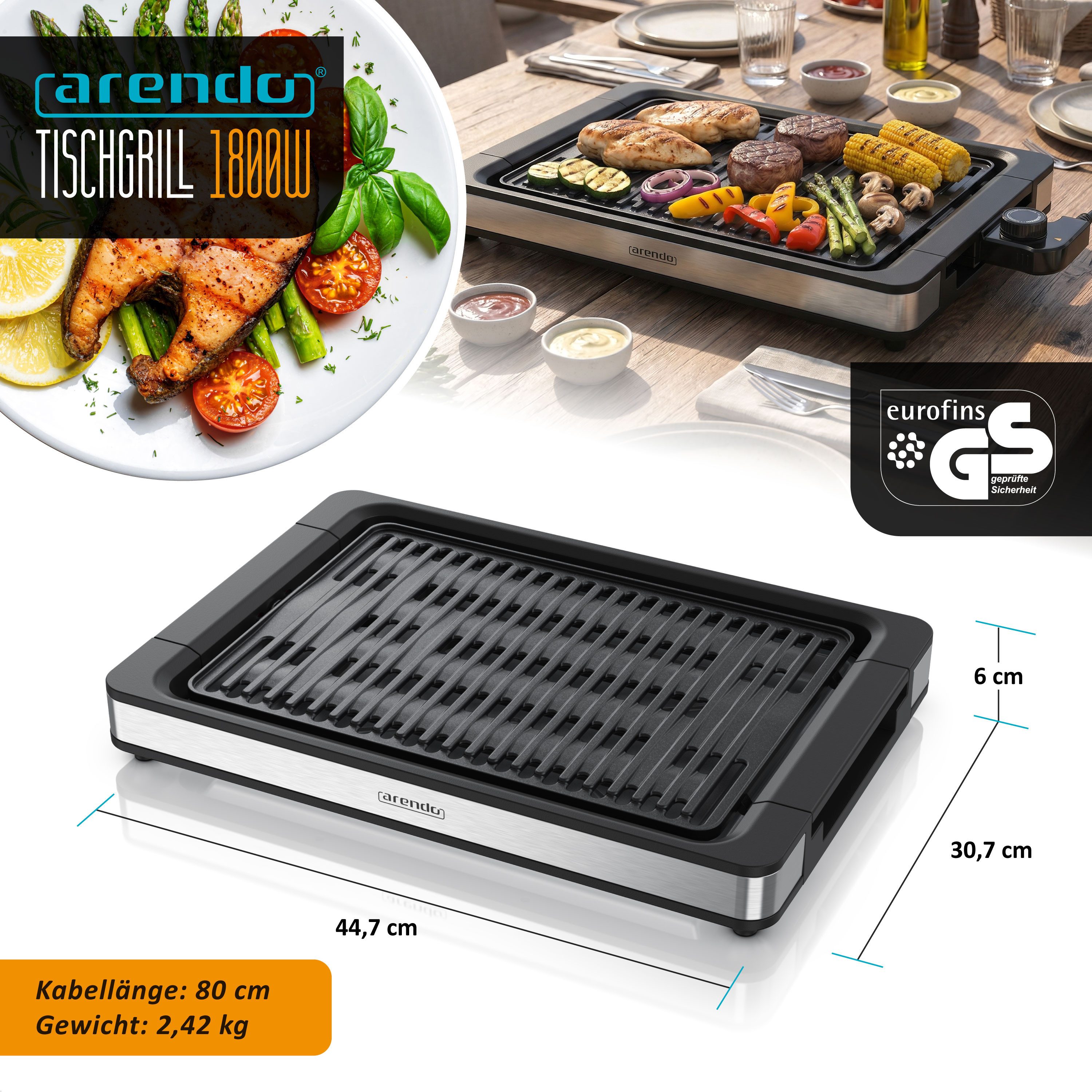 Arendo Tischgrill Edelstahl Elektrogrill, bis 250 Grad, elektrisch, Antihaftbeschichtung, 1800 W, stufenlose Temperaturregelung, für Balkon, Garten & Indoor