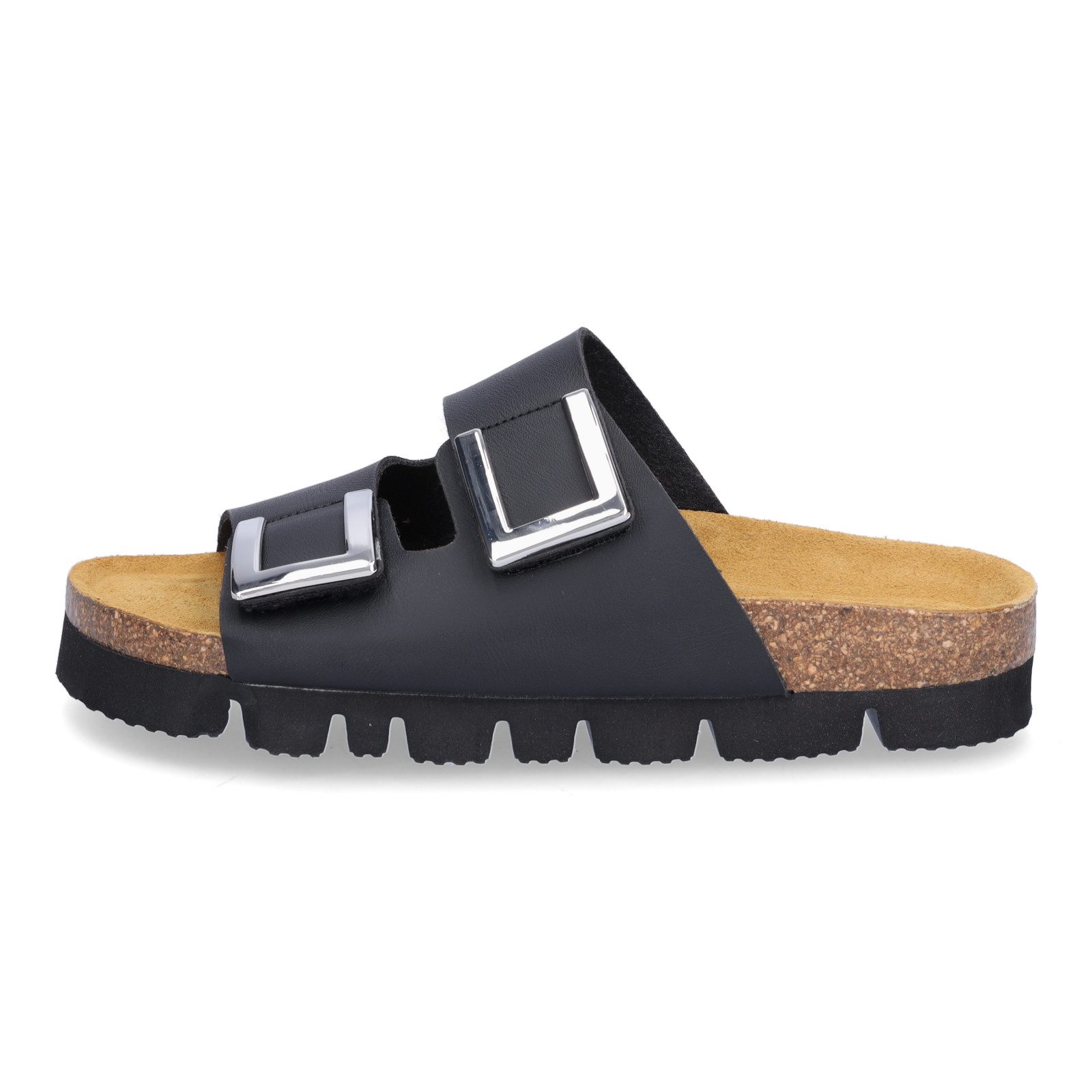 MIDS MIKA Damen Pantolette schwarz, Zweiriemer mit verstellbarem Klettverschluss & Lederfußbett