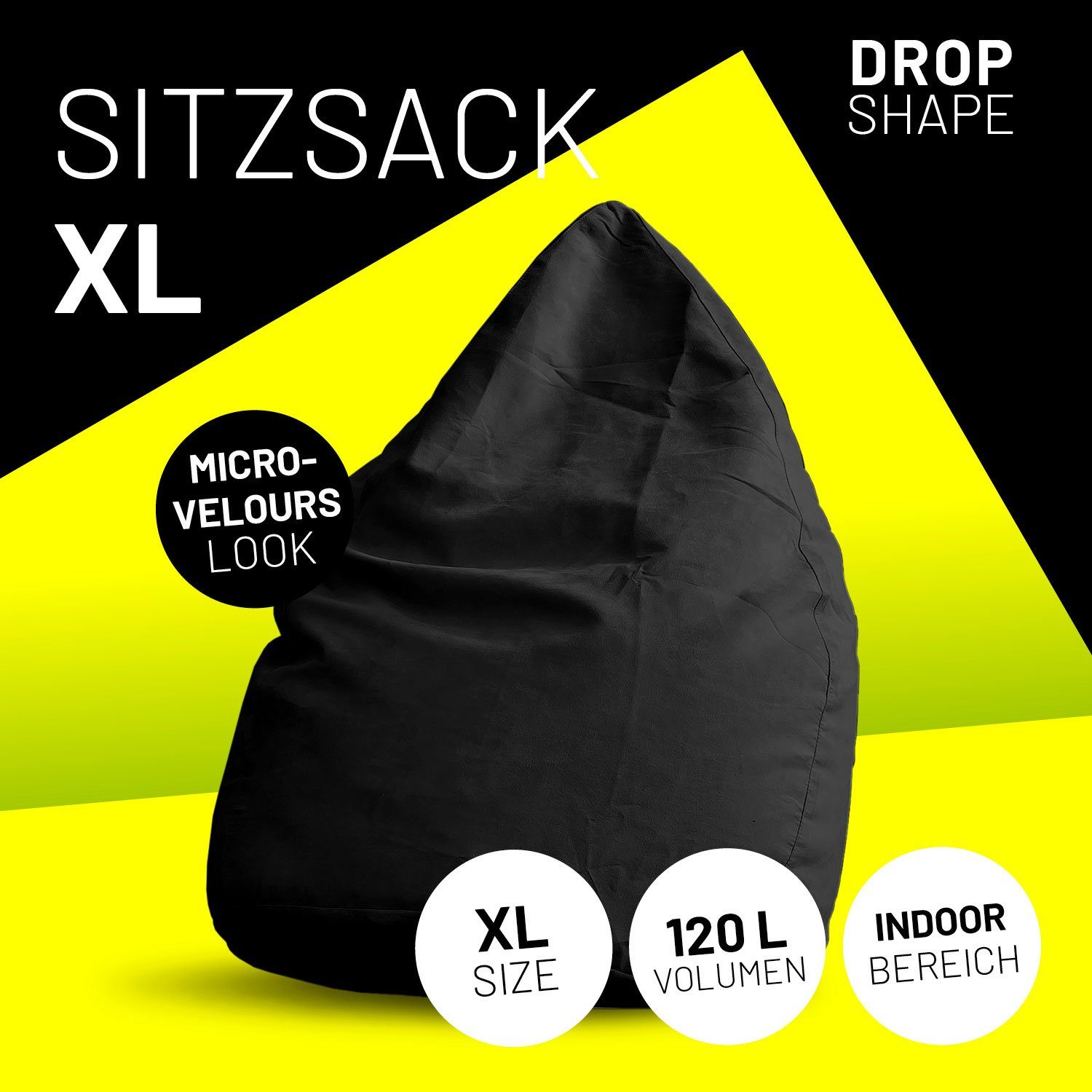 XL Bean 60x45cm, Sitzsack 120L Microvelours schwarz weich Lumaland Bag Luxury robust waschbar Bodenkissen Sitzkissen