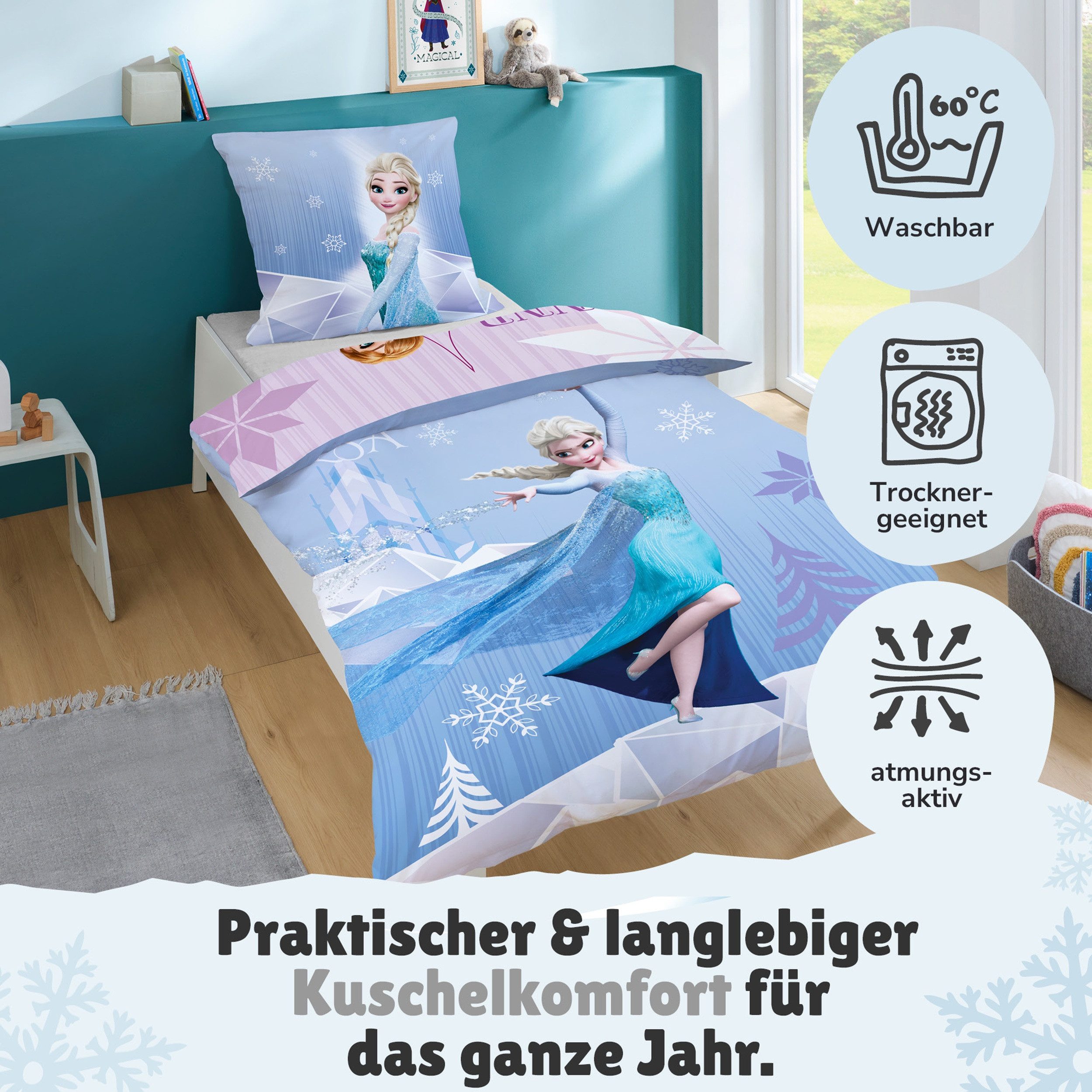 Familando Kinderbettwäsche Set Disney Frozen Die Eiskönigin 135x200 + 80x80 cm aus 100% Baumwolle, Renforcé, 2 teilig, "Diamonds" mit Anna, Elsa und Olaf