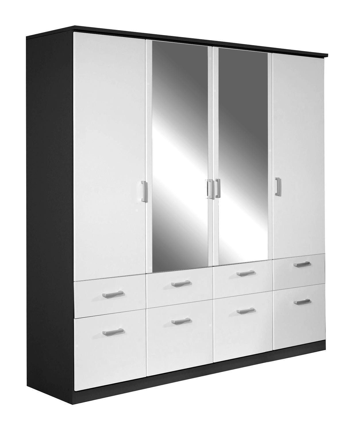 rauch Drehtürenschrank Kleiderschrank BREMEN, B 181 cm x B 199 cm, Alpinweiß, Grau metallic, 4 Türen, 8 Schubladen, mit Spiegel