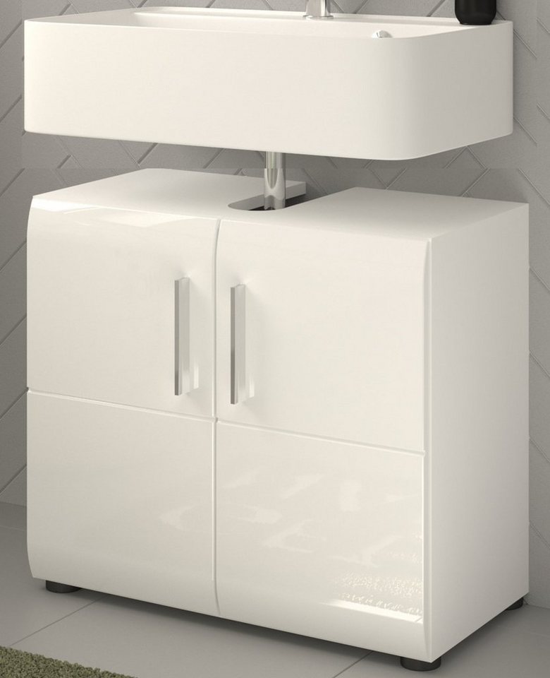 xonox.home Waschbeckenunterschrank Ice (Waschtisch Unterschrank in weiß, 60  x 54 cm) 2-türig, Hochglanz, Hochwertige MDF-Fronten in Hochglanz, Kanten  gesoftet
