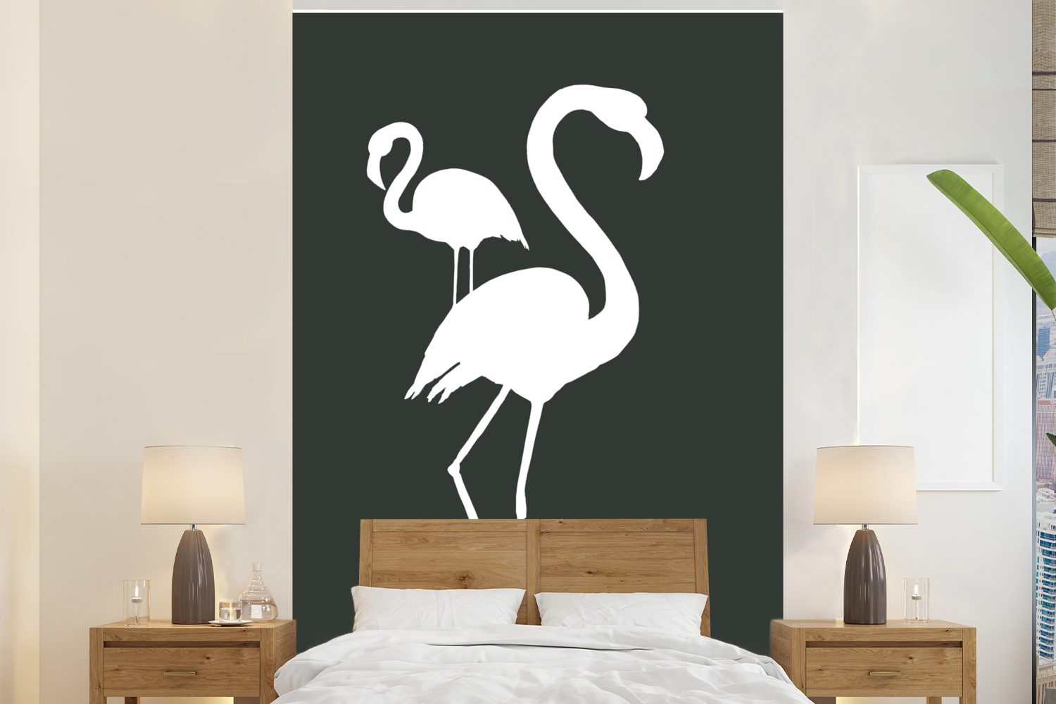 MuchoWow Fototapete Illustration - Flamingo - Weiß, Matt, bedruckt, (3 St), Montagefertig Vinyl Tapete für Wohnzimmer, Wandtapete