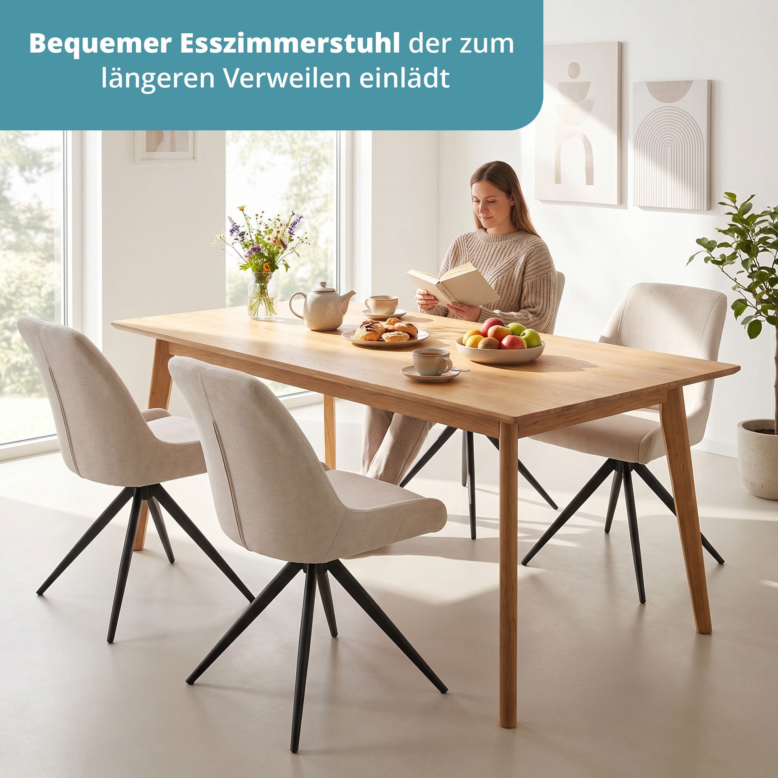 KHG Esszimmerstuhl Küchenstuhl Beige, bis 120 kg belastbar, Industrial Look (Indoor-Stuhl Mikrofaser), 260° drehbar mit Auto-Return-Funktion