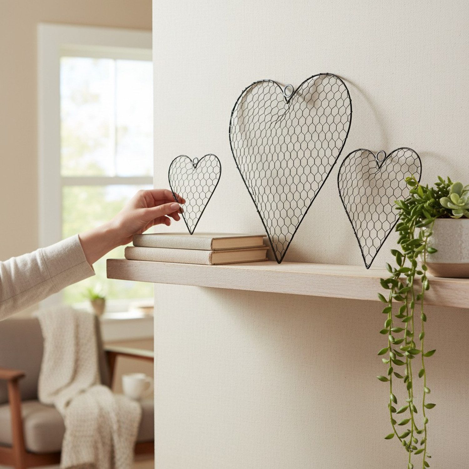 Macosa Home Hängedekoration 4er Set Dekoherzen zum Hängen Metall Braun Herzanhänger (Drahtherz, Landhaus Herzen für Zuhause Hochzeit Valentinstag), 4 Größen Wanddeko Fensterdeko Türdeko