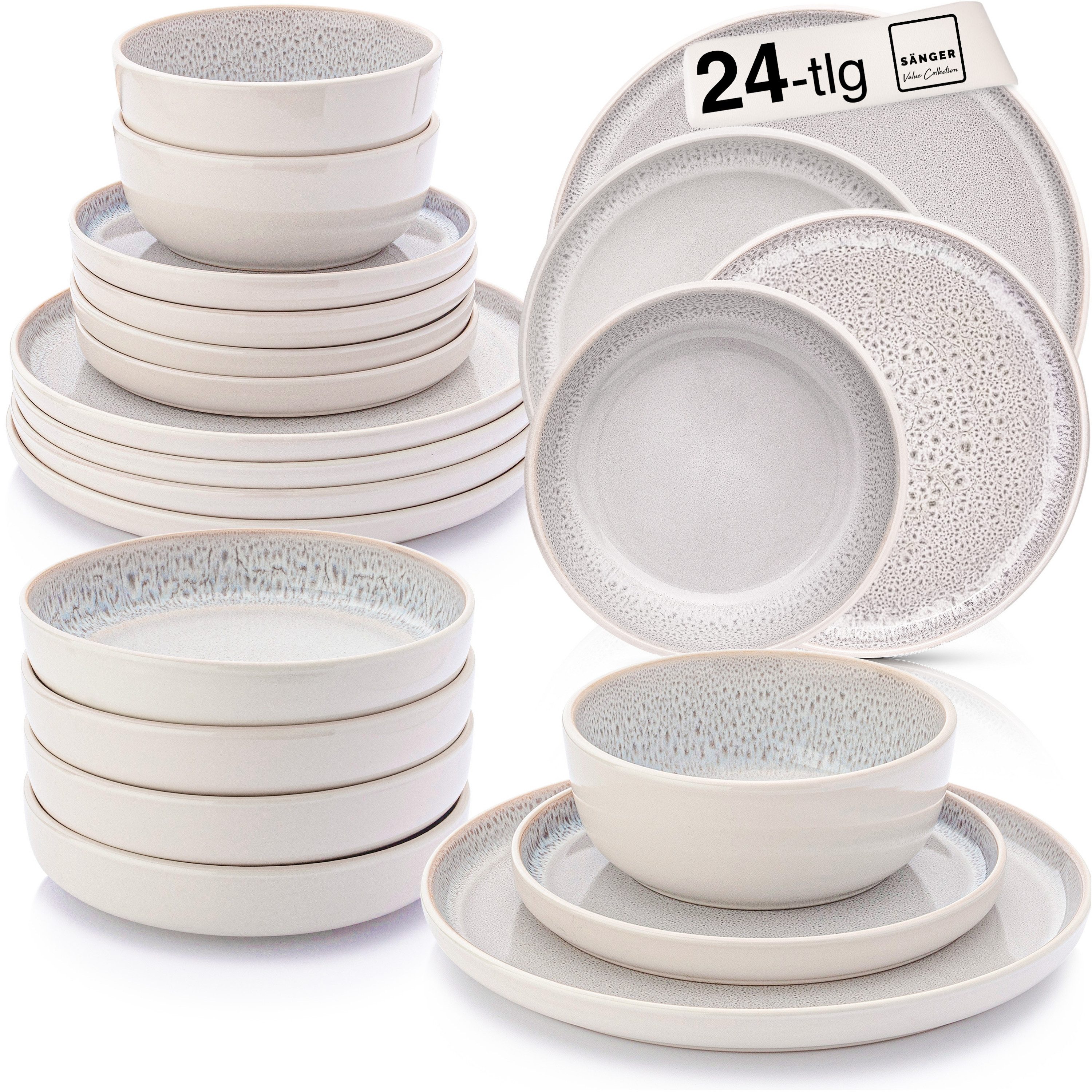 SÄNGER Tafelservice Kreta Geschirrset (24-tlg), 6 Personen, Steingut, Creme-Blau, Handmade, Erweiterbar, VALUE COLLECTION