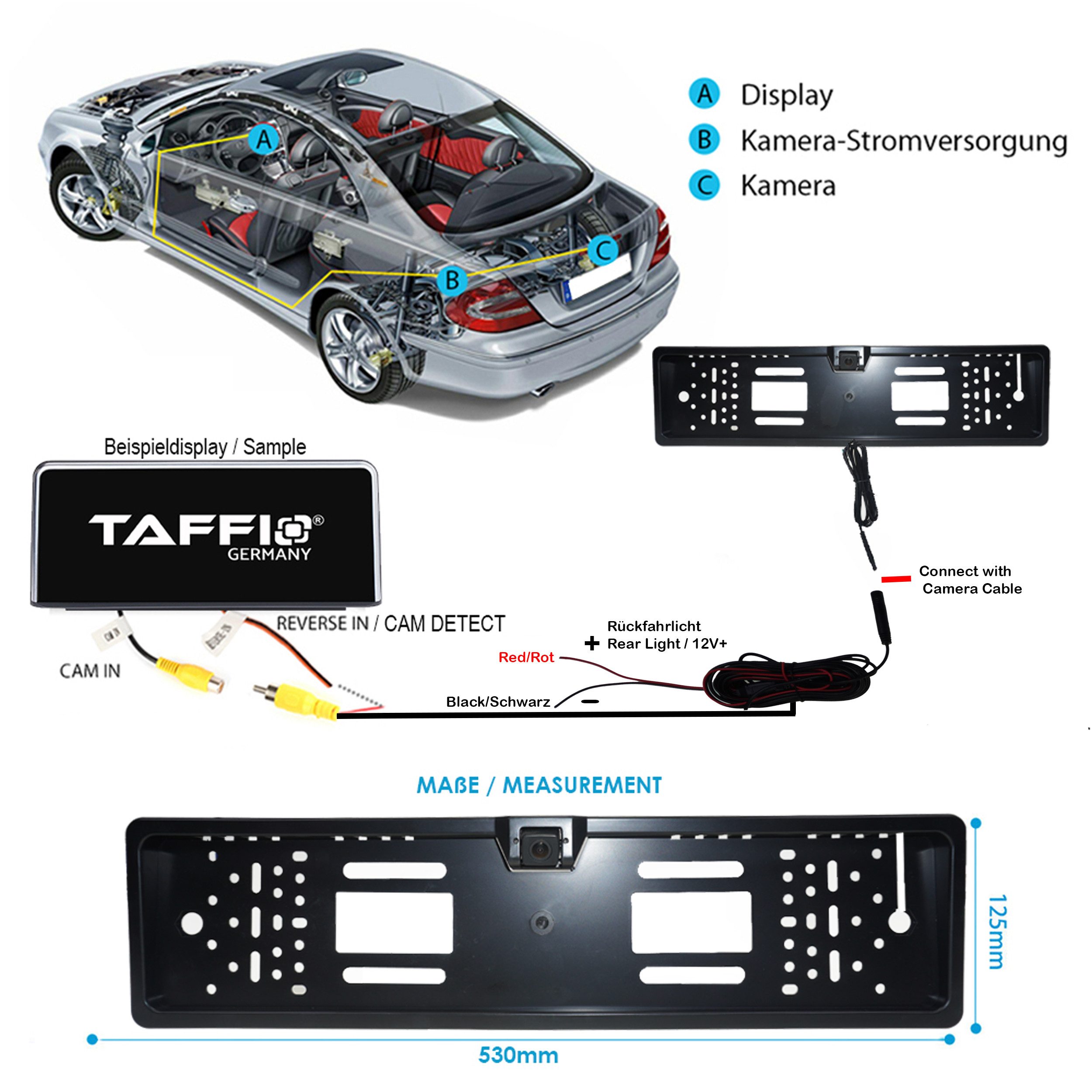 TAFFIO EU KFZ Kennzeichenhalterung Front/Rückfahrkamera mit Abstandanzeige Rückfahrkamera