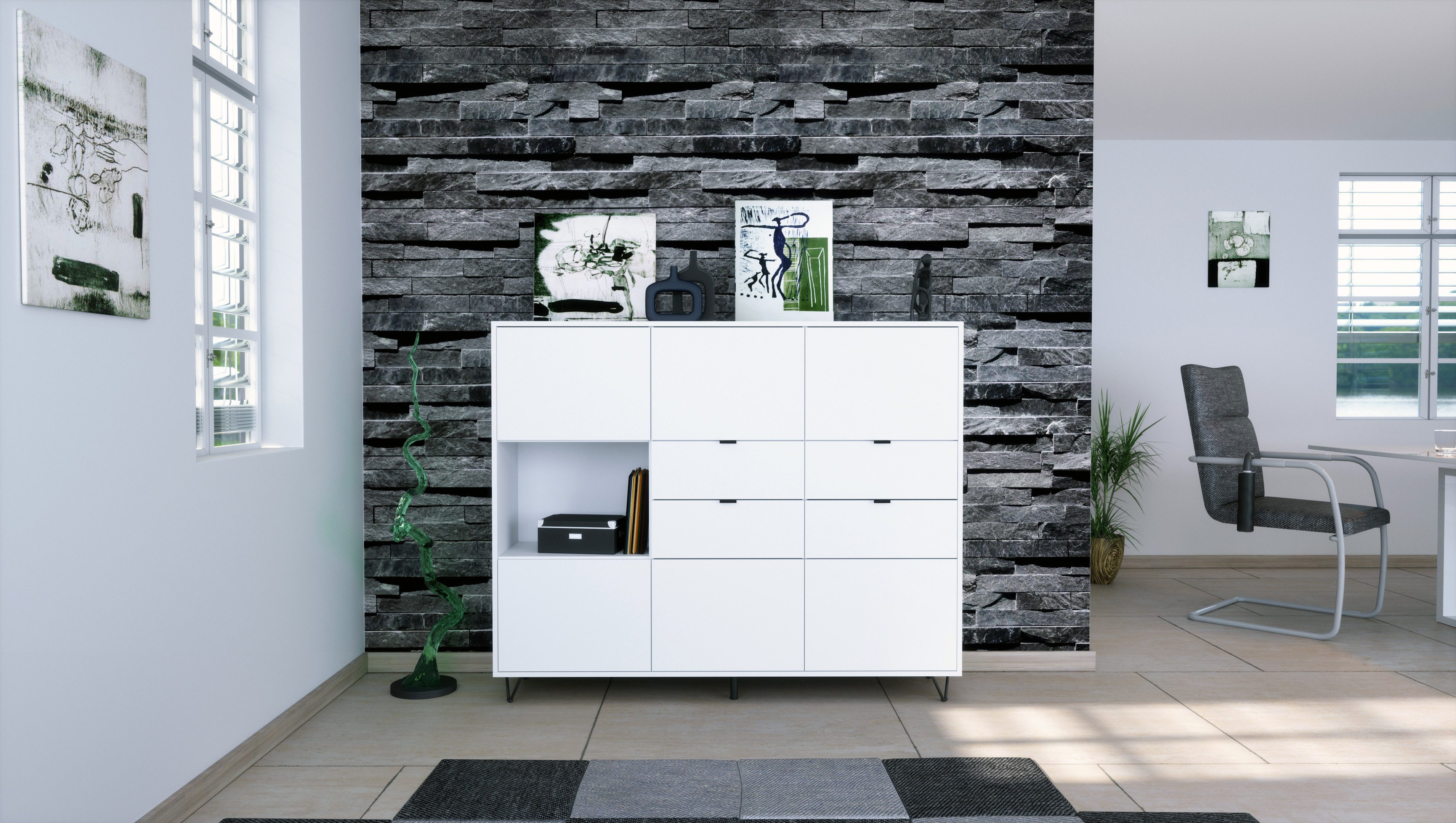Vladon Highboard Marino V2 (Highboard mit 6 Türen Weiß matt, 4 Schubladen Weiß matt, Made in Germany), Korpus Weiß matt (152,5 x 125,5 x 37 cm)