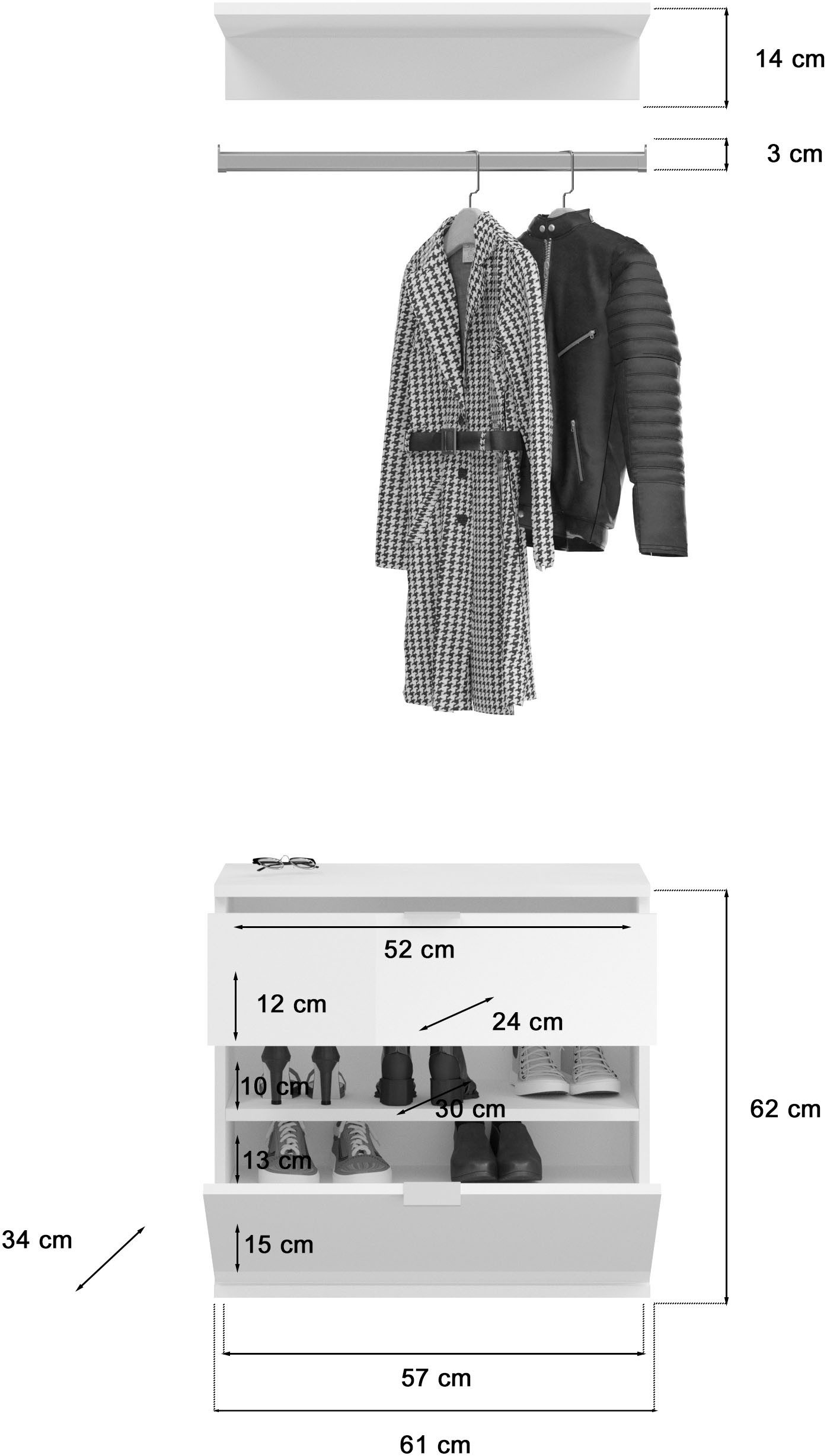 INOSIGN Garderoben-Set Trondheim, Breite 213 cm, 6-teilig, bestehend aus:, (Set, 5-St), 3x Garderobenschrank, 1 Kommode, 1 Garderobenstange, 1 Ablageboden