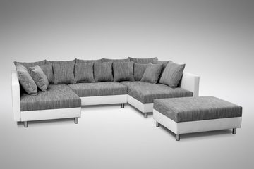 Küchen-Preisbombe Sofa Wohnlandschaft Sofa Couch Ecksofa Eckcouch weiß / hellgrau Minsk XXL, Sofa in U-Form mit Hocker