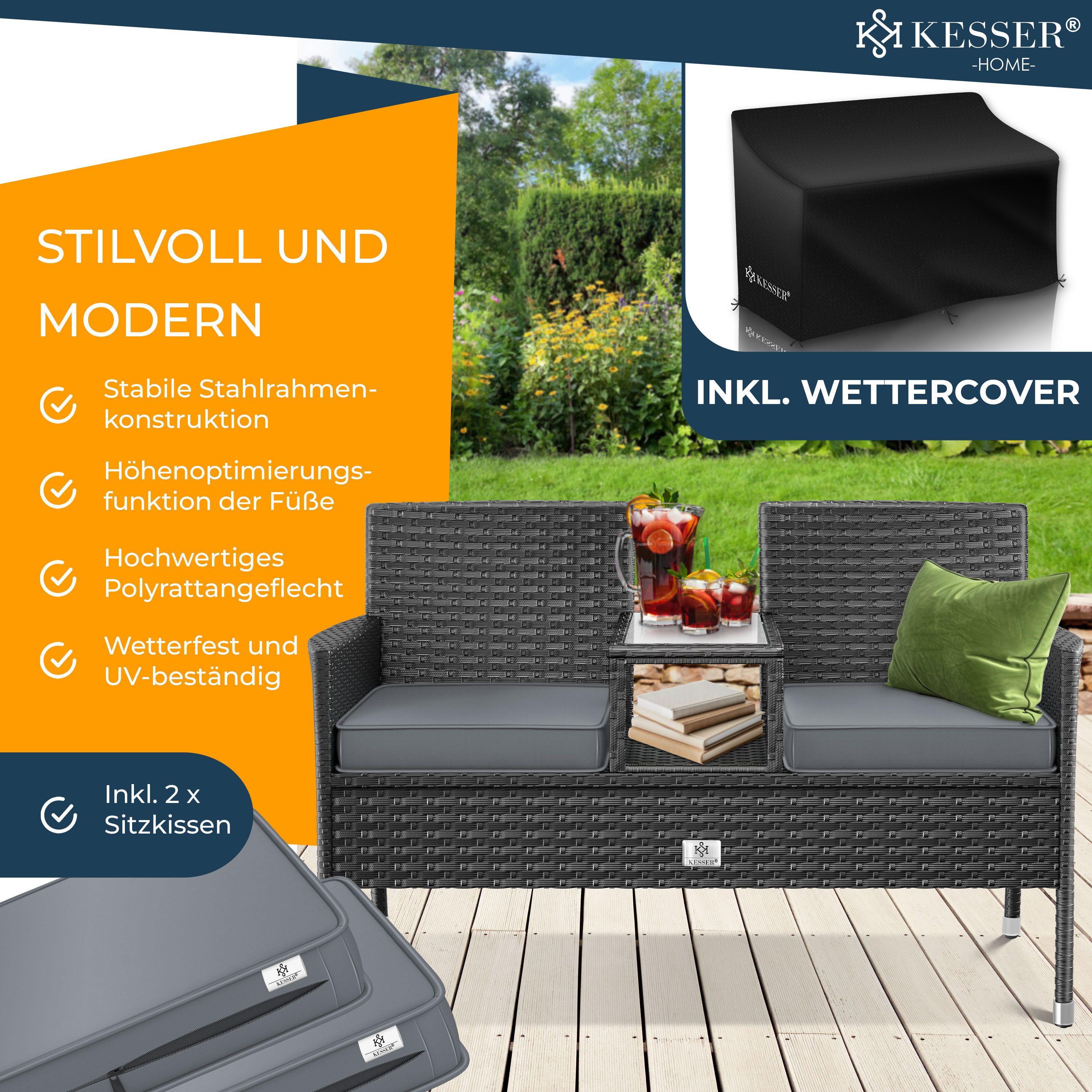 KESSER Gartenbank, Polyrattan Gartenbank 2-Sitzer Bank mit integriertem Tisch