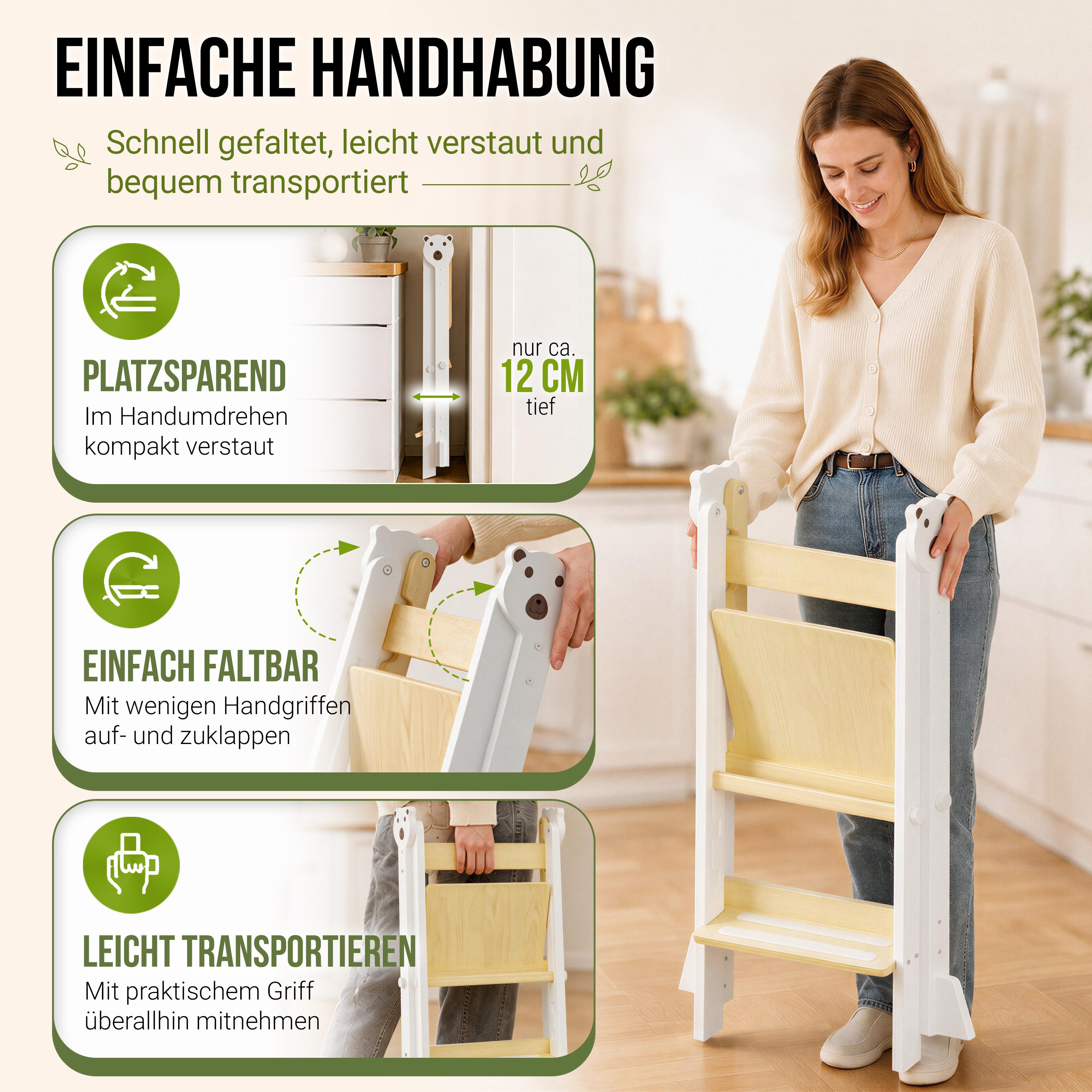 CADANI Stehhilfe JONAS Lernturm ab 1 Jahr klappbar und bis 75 kg belastbar (Weiß Natur, Montessori Küchenhelfer, Massivholz), 3-fach höhenverstellbar, mitwachse – Bild 3 von 5