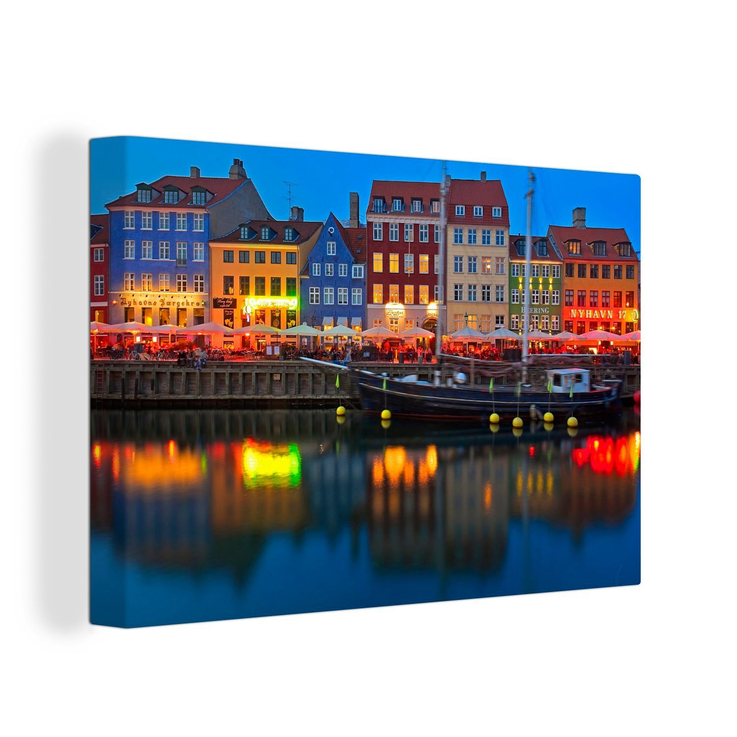 OneMillionCanvasses® Leinwandbild Dänemarks Nyhavn bei Nacht, (1 St), Wandbild Leinwandbilder, Aufhängefertig, Wanddeko, 30x20 cm