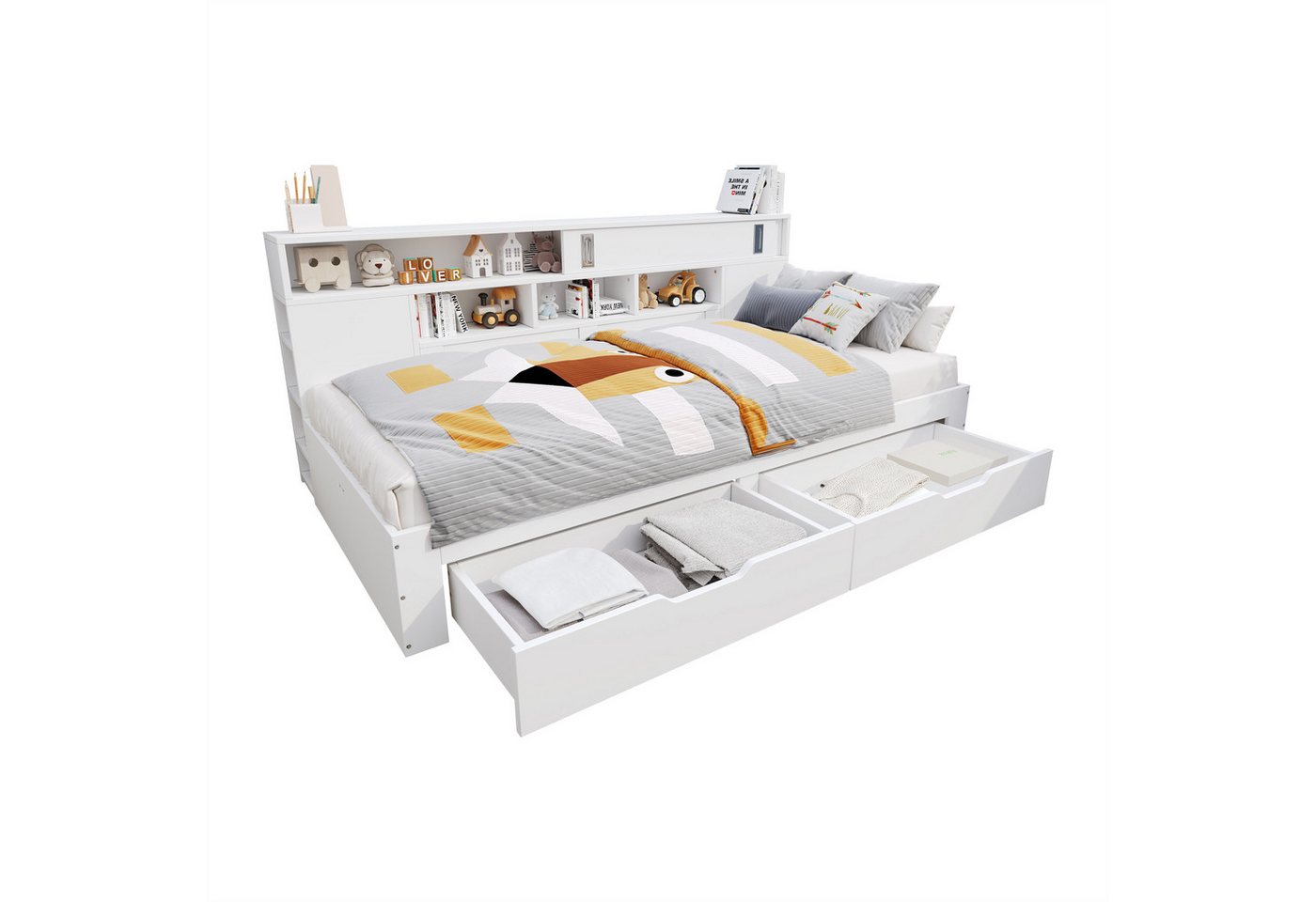 EXTSUD Kinderbett Kinderbett 90×200 cm – Daybed mit Schubladen, Regal & Stauraum (Bettkasten mit Stauraum,ohne Matratze,weiß), mit Schubladen,Bücherregal und Stauschrank