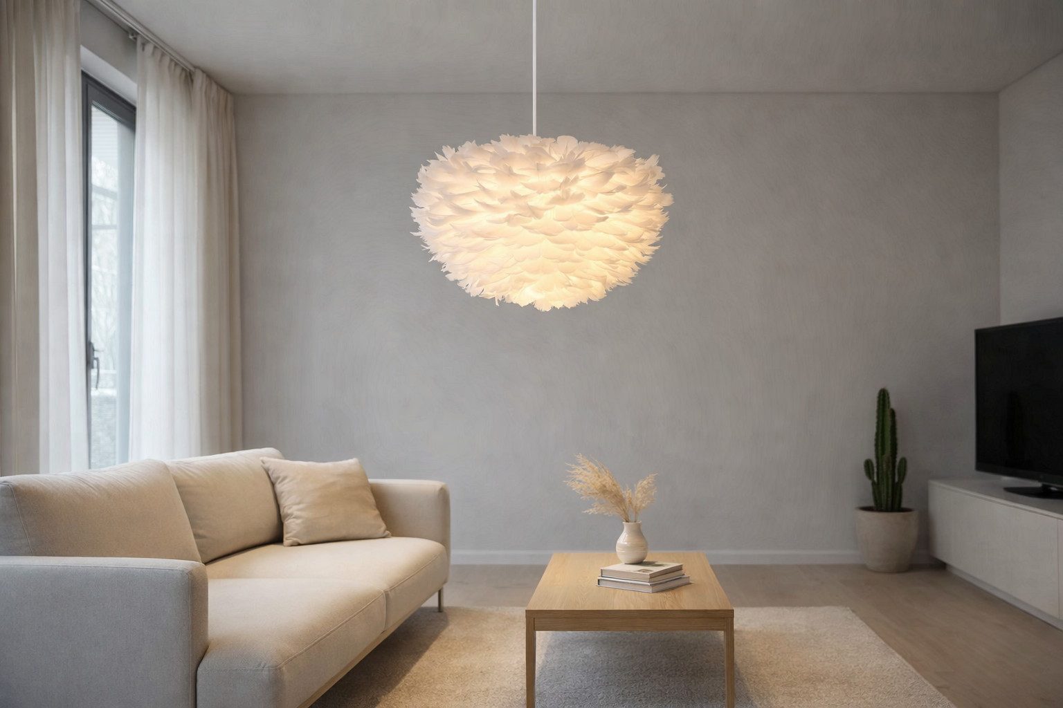 BOURGH Pendelleuchte VIOLA Federlampe Ø50cm - Nordische Pendelleuchte Deckenleuchte, Leuchtmittel wechselbar, weiß, Lieferung mit 2 Glühlampen