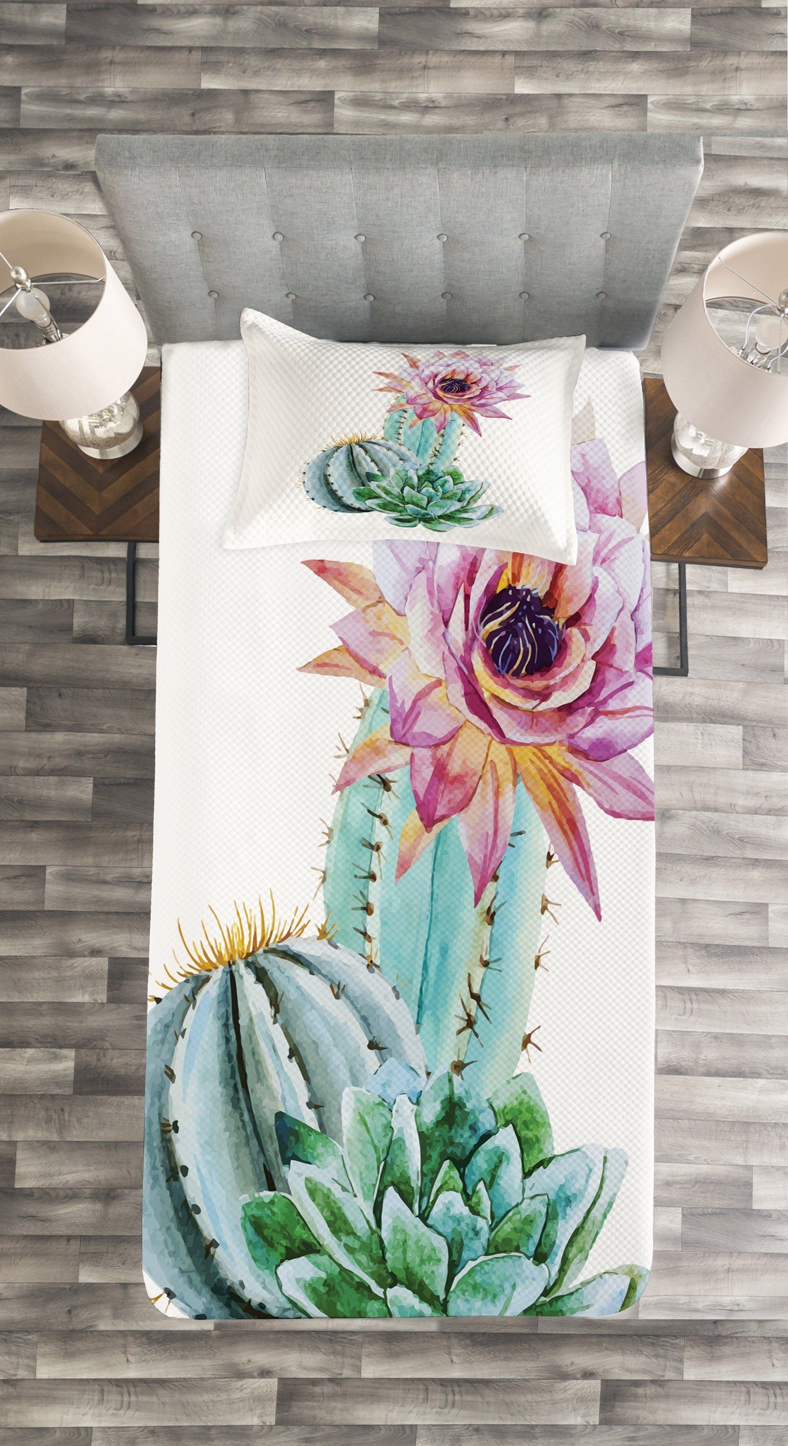 Set Kissenbezügen Spike und Tagesdecke mit Abakuhaus, Waschbar, Kaktus-Blume Kaktus