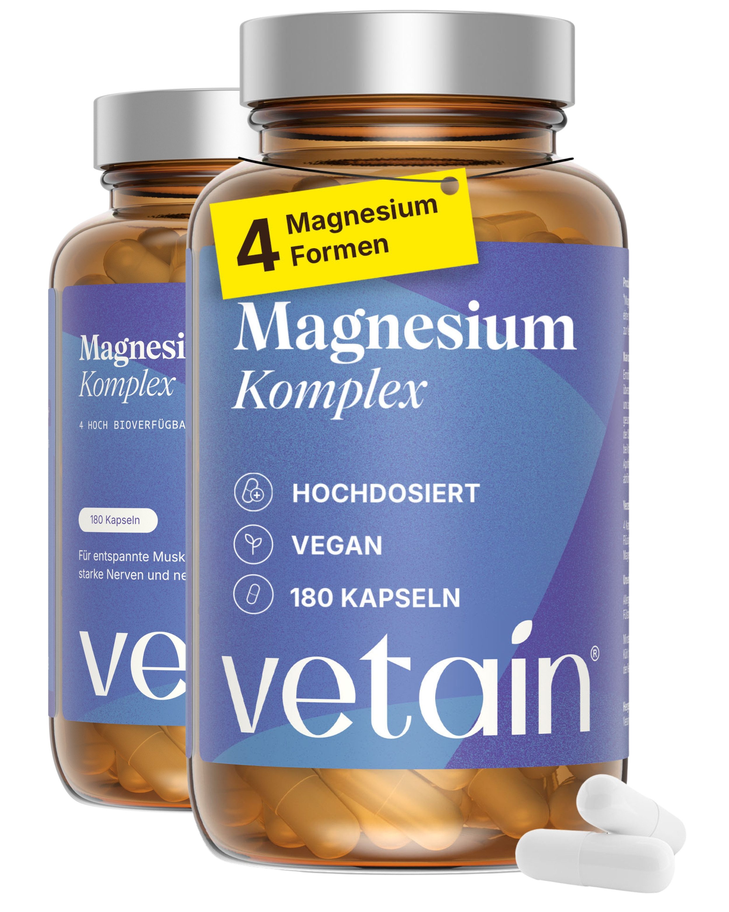 VETAIN Magnesium Komplex hochdosiert - Bisglycinat, Citrat, Malat & Taurat Kapseln, Packung à 180 St., Ohne unnötige Zusätze