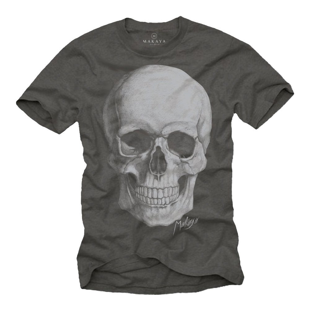 MAKAYA Print-Shirt Herren Lustige Motorradfaher Geschenke Grau Skull Coole Totenkopf T-Shirt
