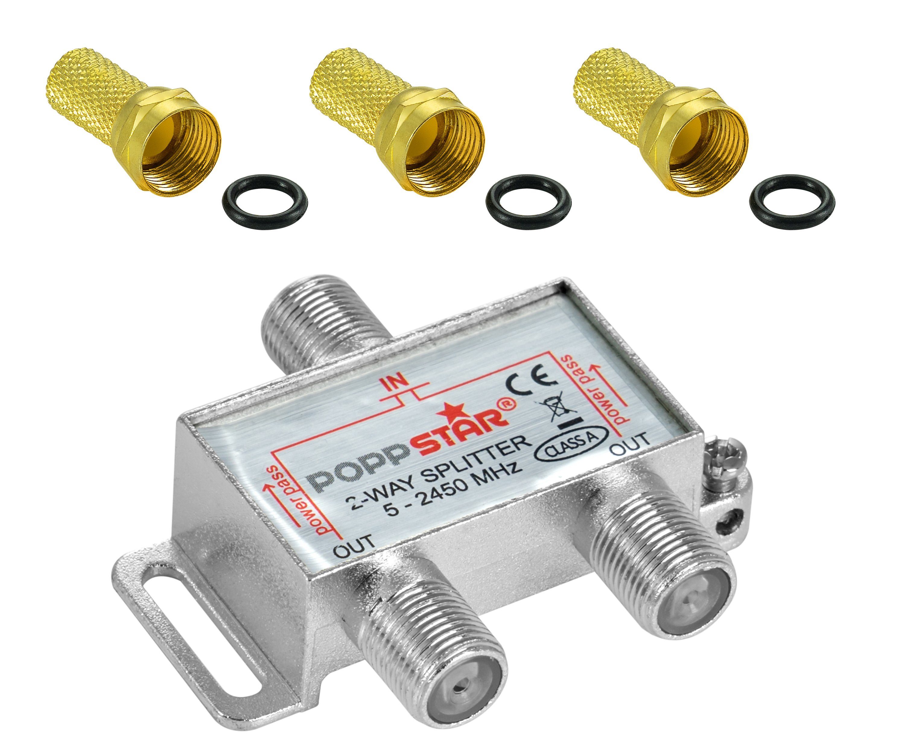 Poppstar Sat-Verteiler 2-fach Splitter Radio analog/digital 2-Fach, inkl. Kabel Satellit SAT-Antenne für Fernseher LNB) F-Stecker Antenne TV (Umschalter