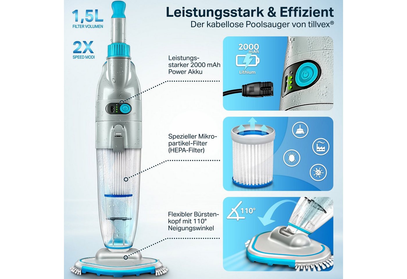Thumbnail - tillvex Poolbodensauger Poolsauger mit Akku elektrisch Poolreiniger mit Filter, 2-Geschwindigkeits-System Handsauger Rei...