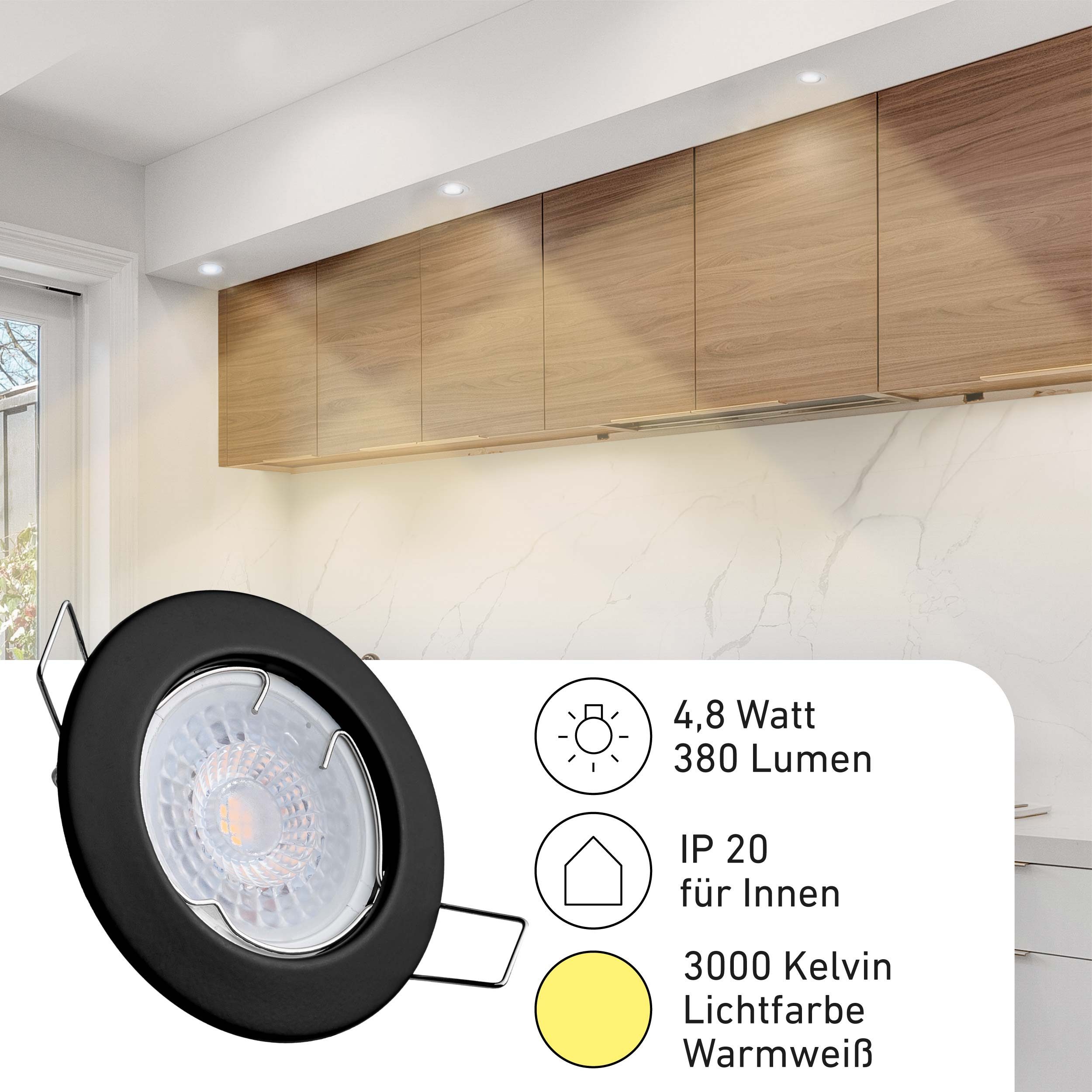 Oktaplex lighting LED Einbaustrahler Sedan Spotleuchte schwarz 3-Stufen dimmbar, 3-Step Dimmung, Leuchtmittel wechselbar, warmweiß, 3000 Kelvin 230V schwarz