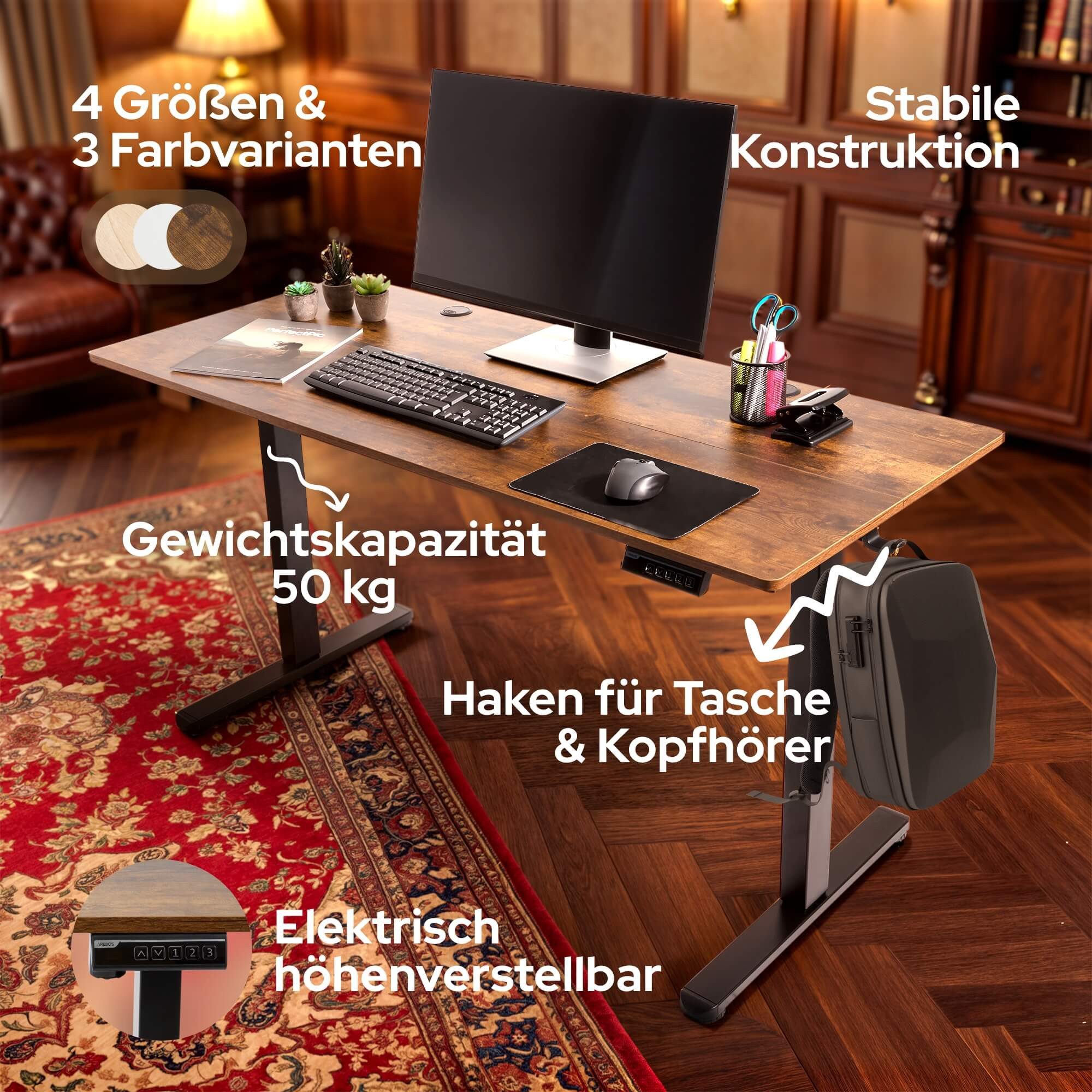 Arebos Schreibtisch Computer-Bürotisch 120 x 60 cm, elektrisch Memory-Funktion, 72-118 cm höhenverstellbar, Hebekapazität: 50 kg