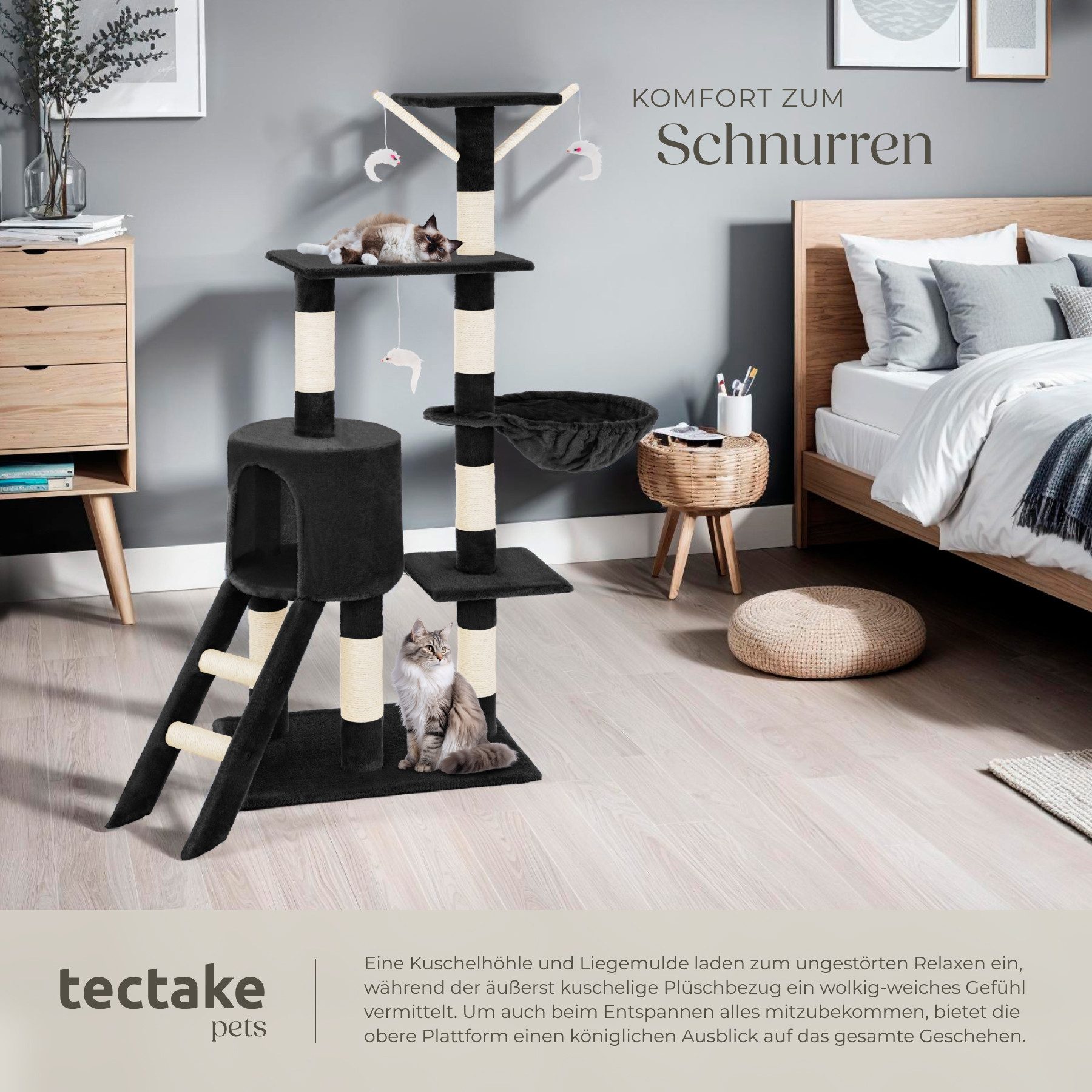 tectake Kratzbaum Katzenbaum Dominik 144 cm Diverse Farben Schwarz, Vielseitig mit robusten Sisalstangen und Plüschoberfläche