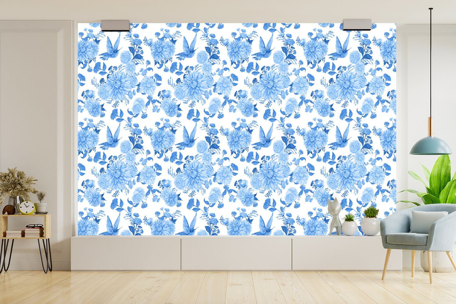 Kinderzimmer, Muster, St), Rosen bedruckt, für Schlafzimmer, Wallpaper - Wohnzimmer, Vinyl - MuchoWow Blumen - Blau (6 Matt, Fototapete Tapete