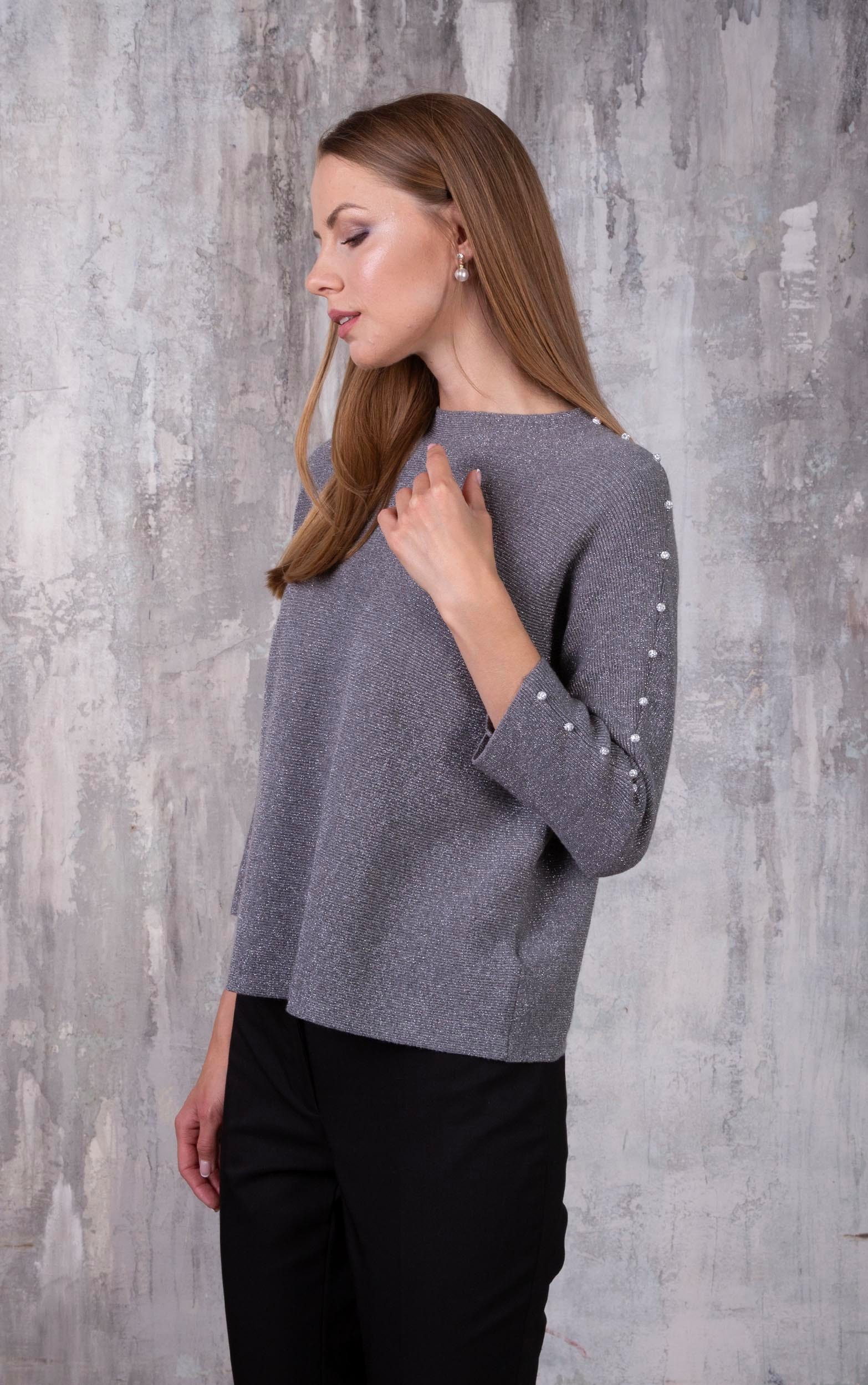 Passioni Strickpullover mit Glitzergarn und Perlen