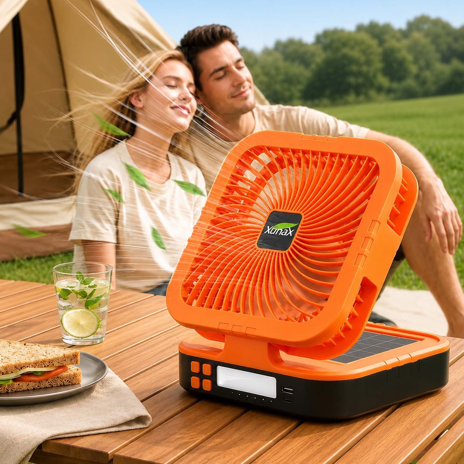 kehot Standventilator Solar Campingventilator mit LED-Licht,45°/90° Oszillation, USB-C aufladbar mit Timer, Powerbank, 4 Windstufen