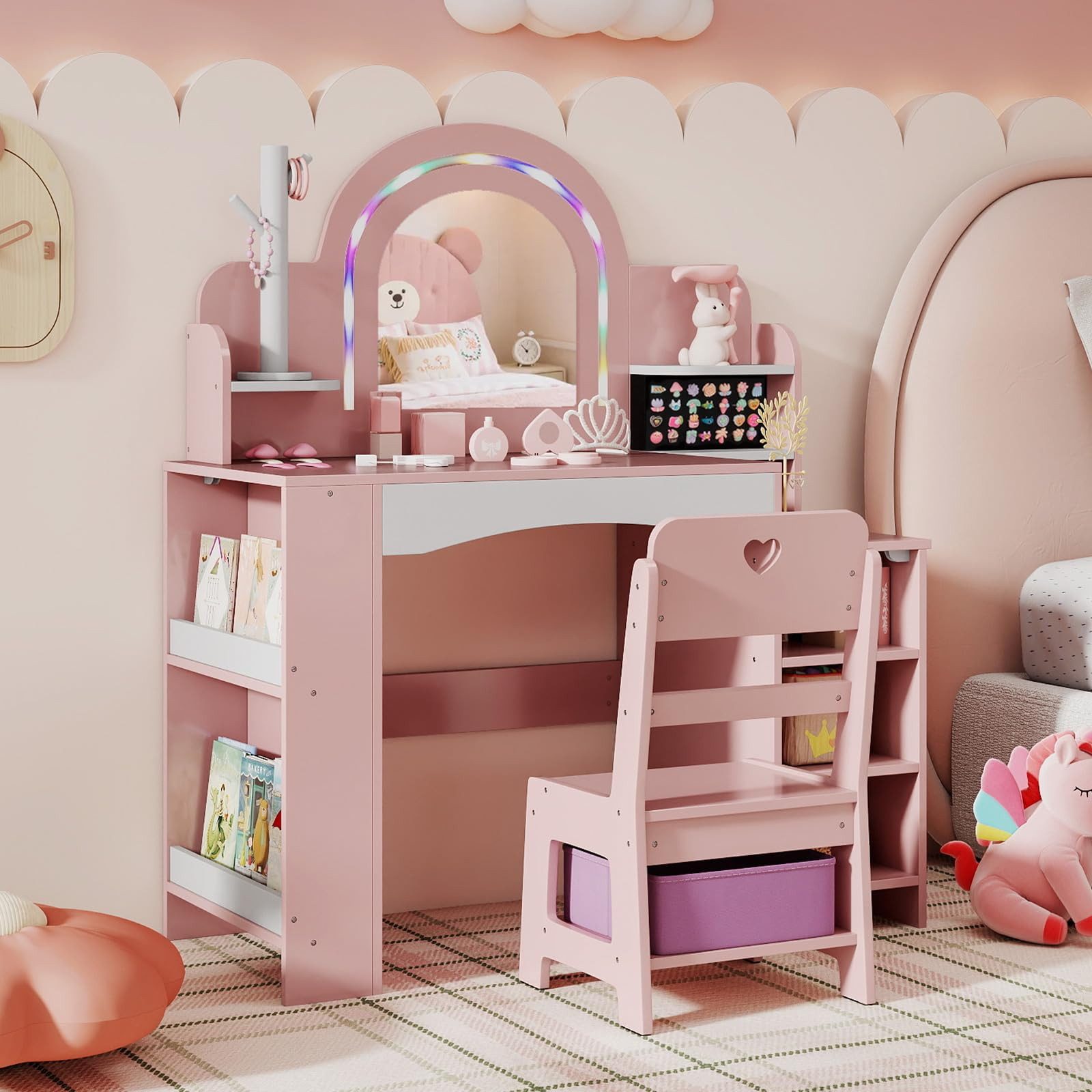 COSTWAY Schminktisch, Kinderfrisiertisch mit Stuhl, Spiegel, Beleuchtung