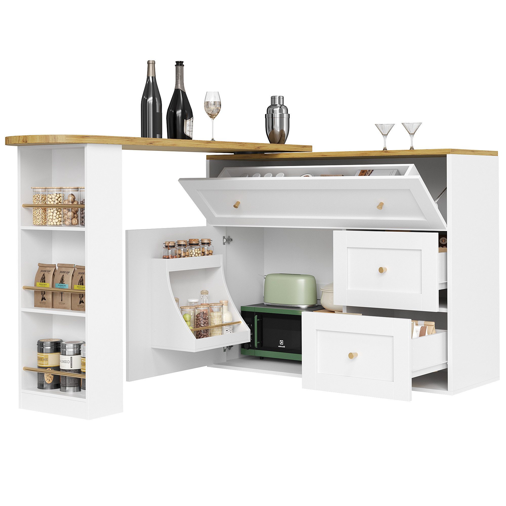 i@home Bartisch Ausziehbarer Küchenschrank, Sideboard mit Stauraum(138-204×39×105cm), Kücheninsel mit Snackregal, Stehtisch Bistrotisch, schwarz/weiß