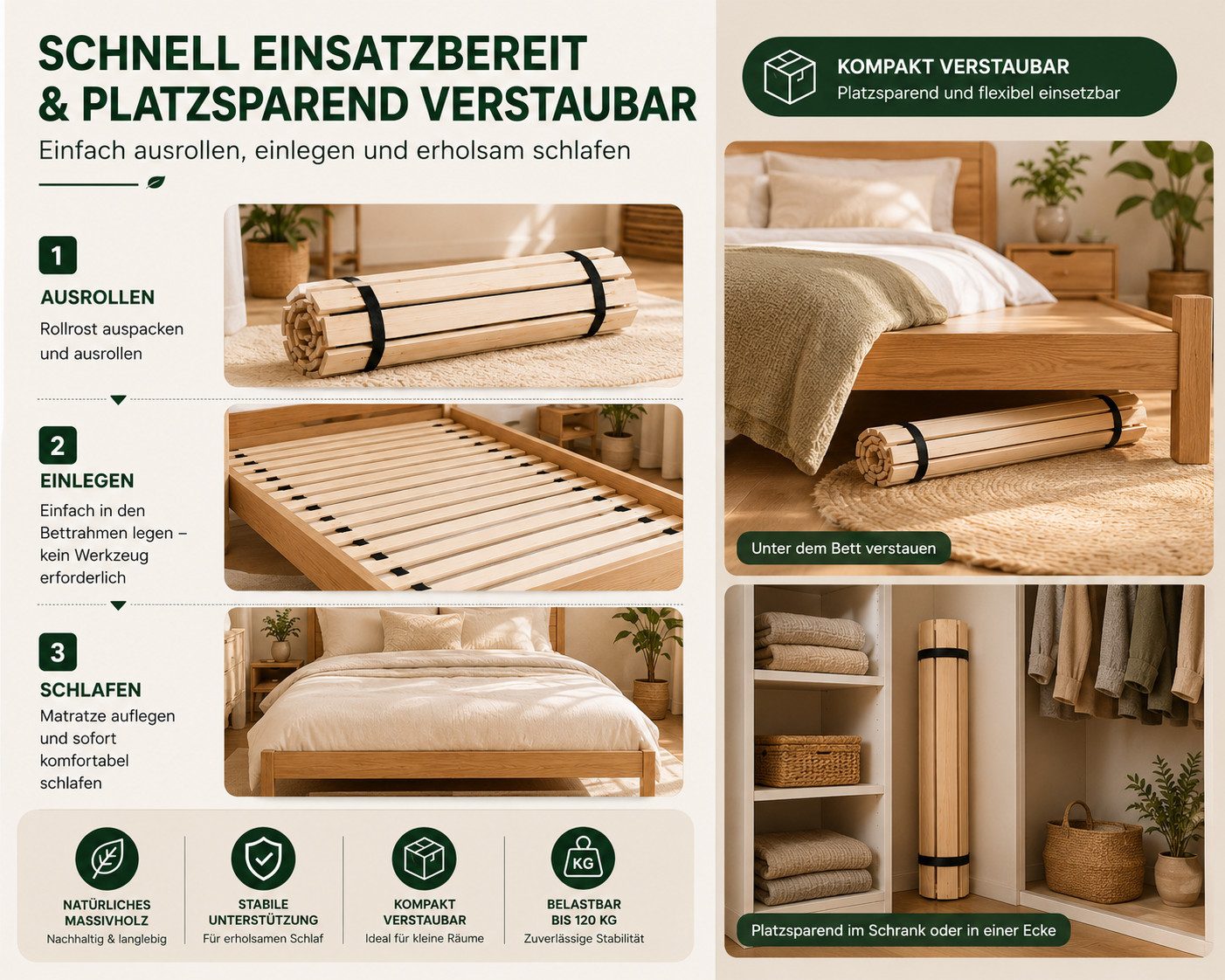 Rollrost 10 stabile Latten aus hochwertigem Massivholz, Best for You, Kopfteil non-adjustable base, Fußteil Not adjustable, Lattenrost, Stabilstes Rollrost, Lat – Bild 5 von 5