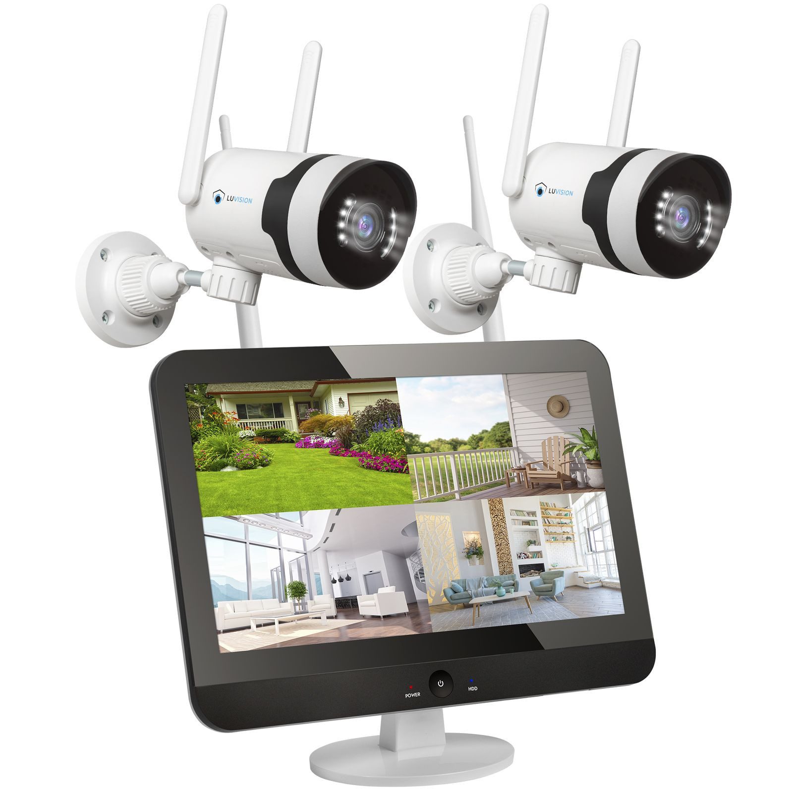 LUVISION Überwachungskamera K8508-MW + PJ2140-W 2er (Außen- und Innenbereich, 2-tlg., WLAN Überwachungssystem mit Monitor 5MP NVR Überwachungskamera Set, 2-Wege Audio, Mikrofon, NVR, Sirene, Nachtsicht, Autotracking)