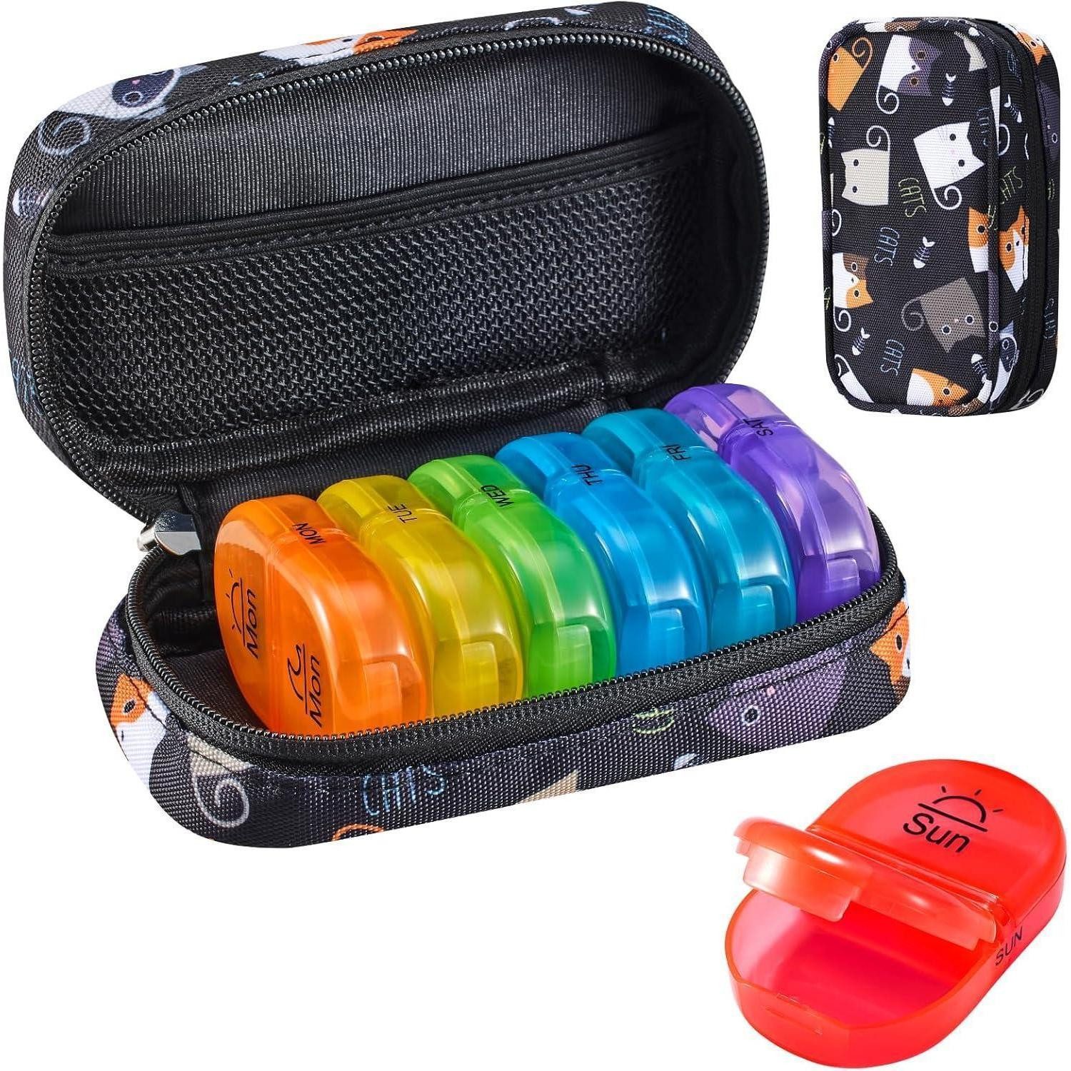 LuxusKollektion Pillendose Tablettenbox 7 Tage groß, 2 Fächer, Regenbogen, mit Canvas Tasche