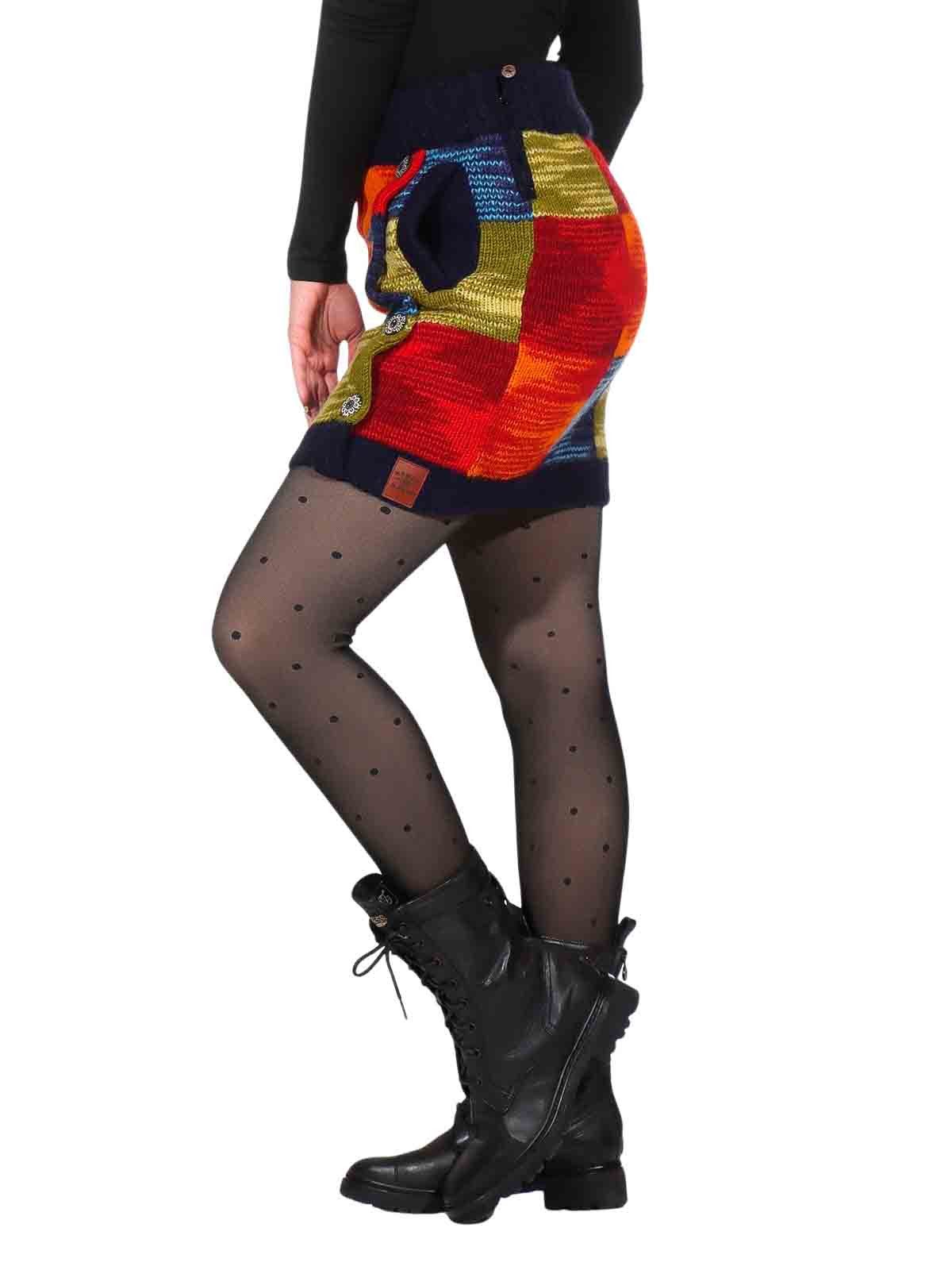 KUNST UND MAGIE Strickrock Bunter Patchwork Strickrock kurzer gefütterter Rock Wolle Boho