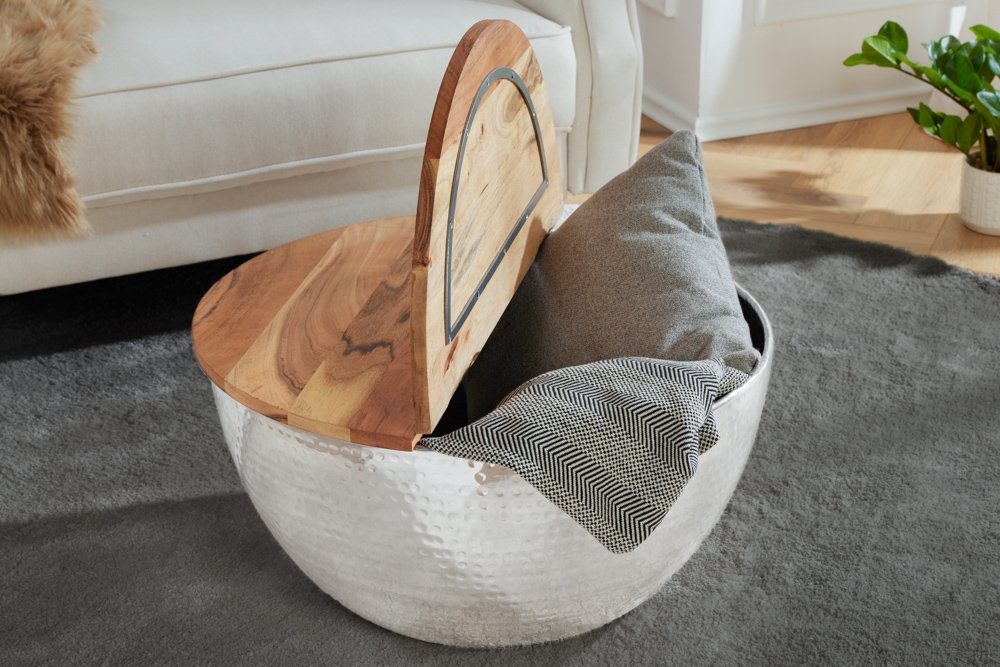 riess-ambiente Couchtisch ORIENT STORAGE Ø60cm natur / silber (Einzelartikel, 1-St), Wohnzimmer · rund · Massivholz · Metall · mit Stauraum · Hammerschlag