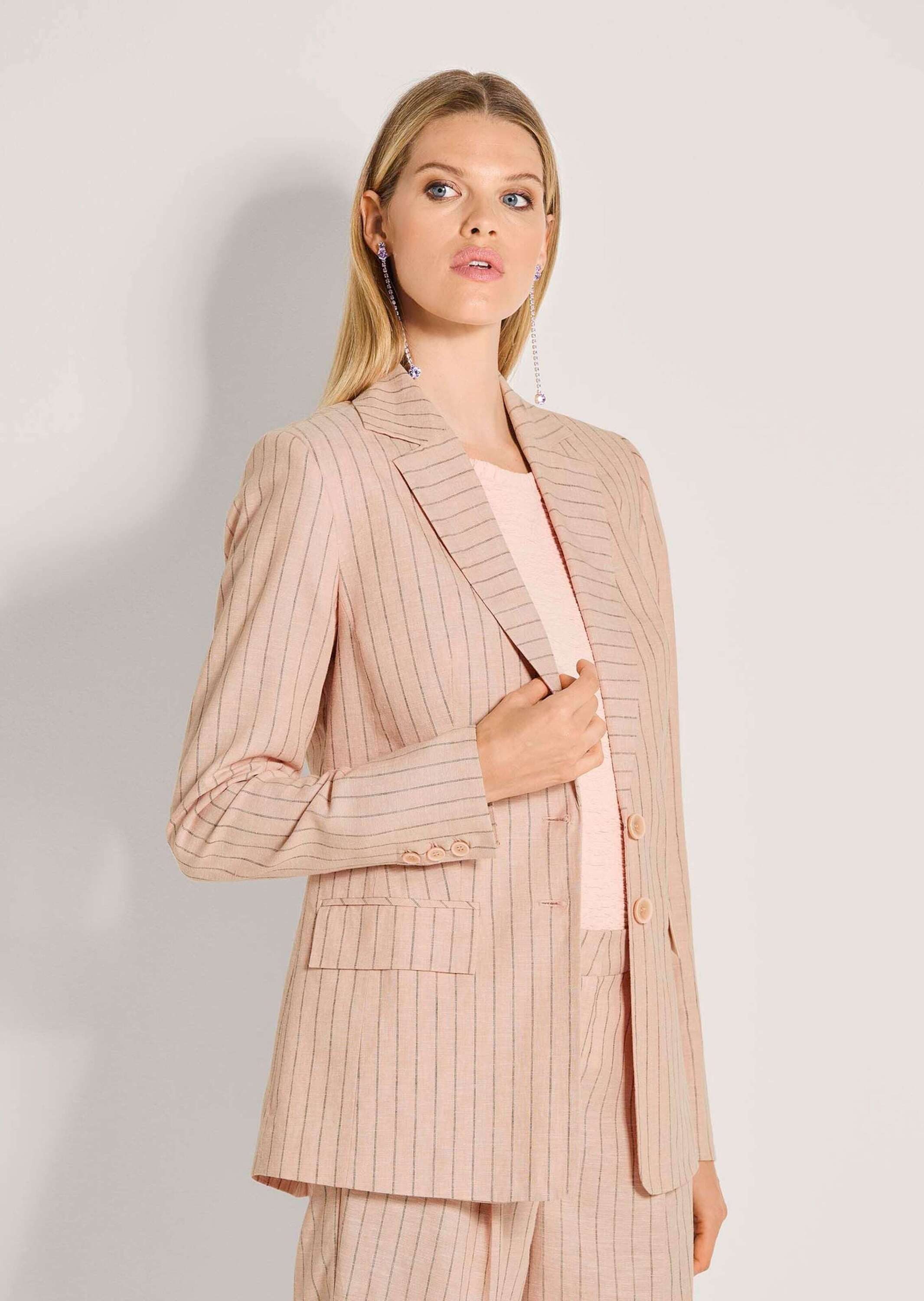 MADELEINE Kurzblazer Eleganter Longblazer mit Nadelstreifen Leinenblazer mit Reverskragen, Taschen, Knopfverschluss und Langarm