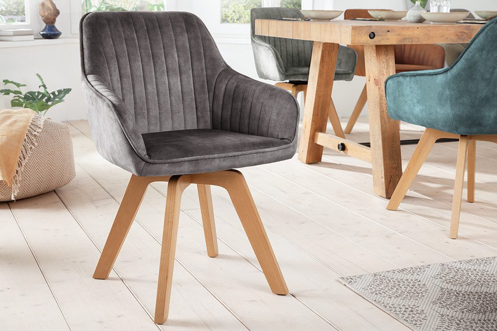 riess-ambiente Polsterstuhl LIVORNO grau/natur – Samt, drehbar, Holz-Beine, mit Armlehne (Einzelartikel, 1 St), mit 180° Drehfunktion und Autoreturn – ideal für Dein Esszimmer